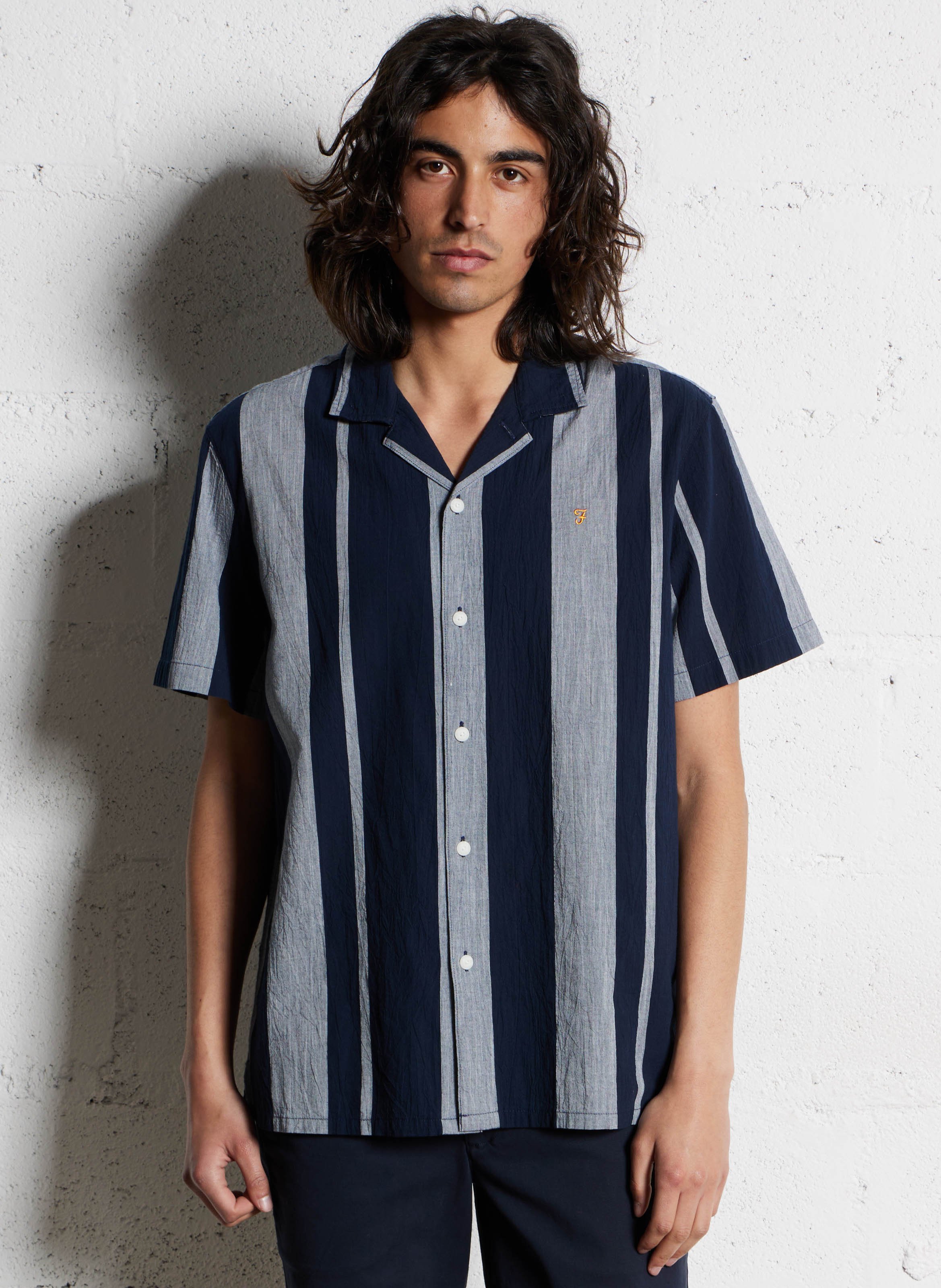 Straight Cuban collar striped cotton shirt FARAH Blue