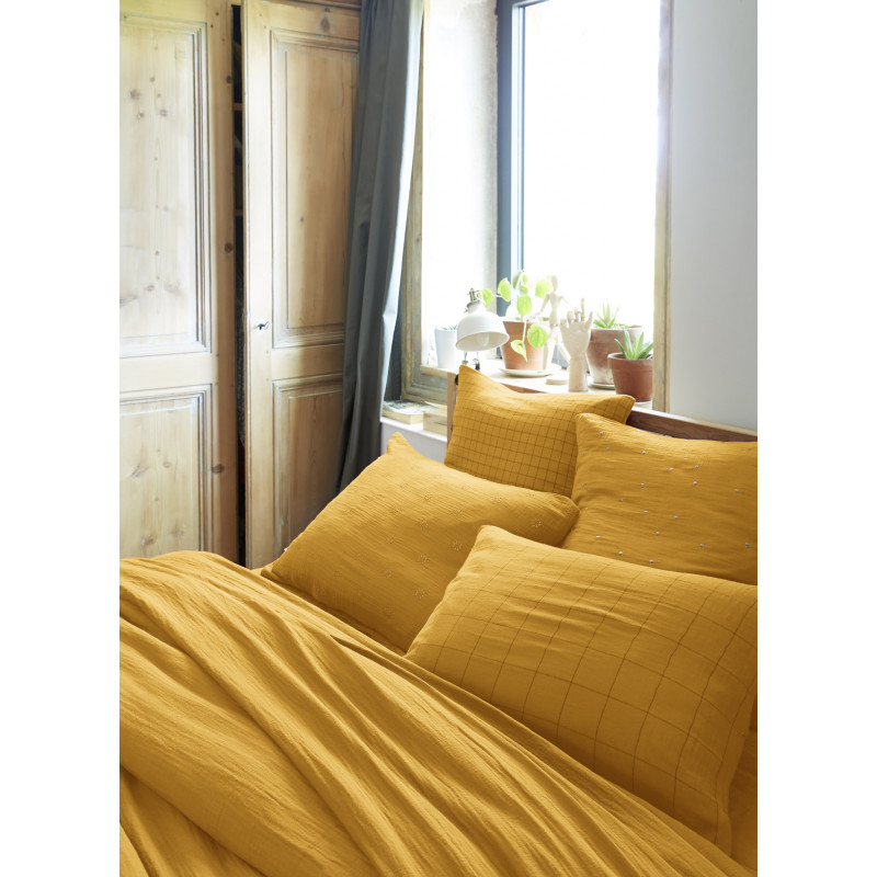 Cotton percale pillow case L'EFFET PAPILLON Yellow