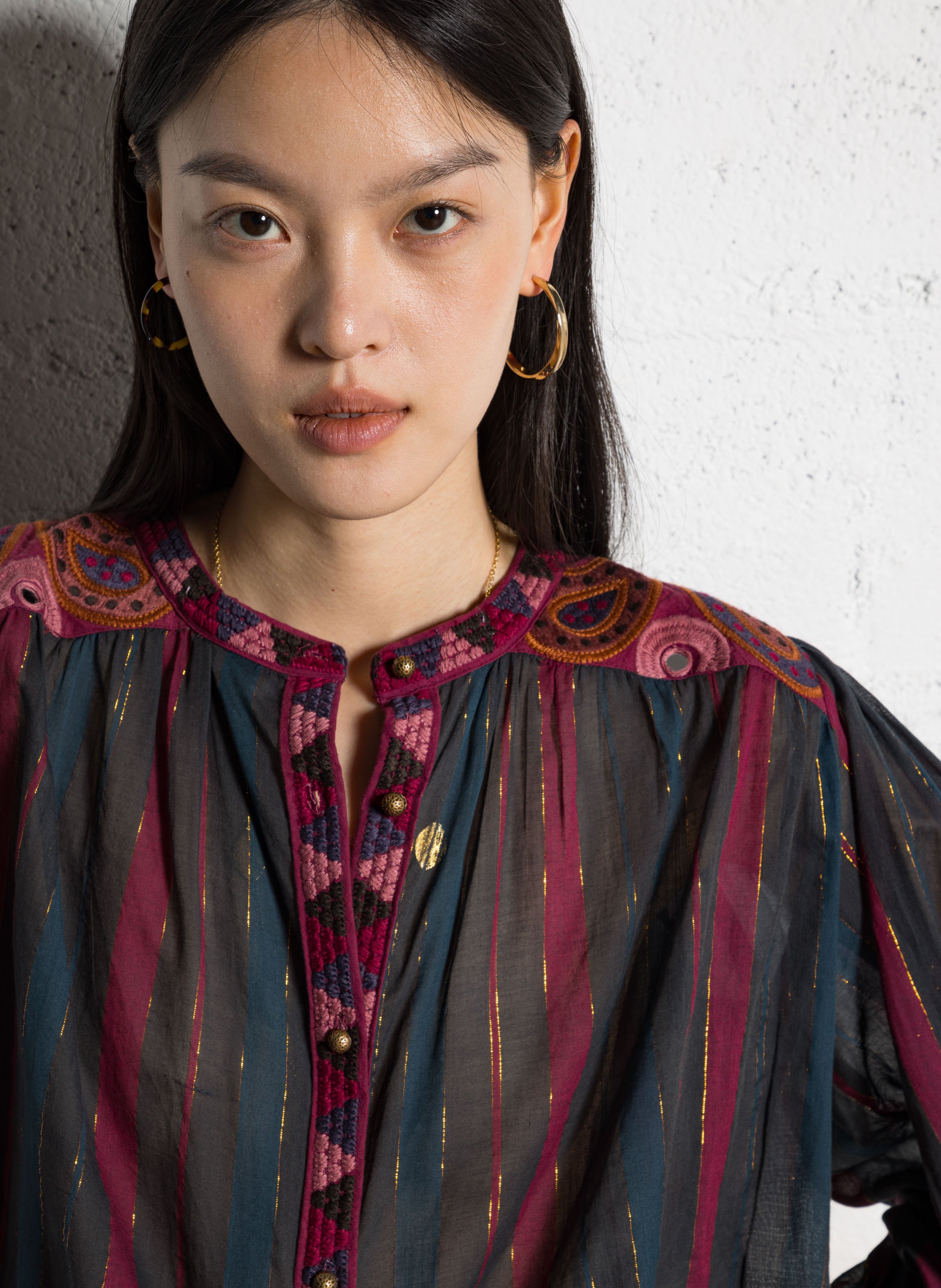 Loose striped blouse with embroidery MAISON HOTEL Red