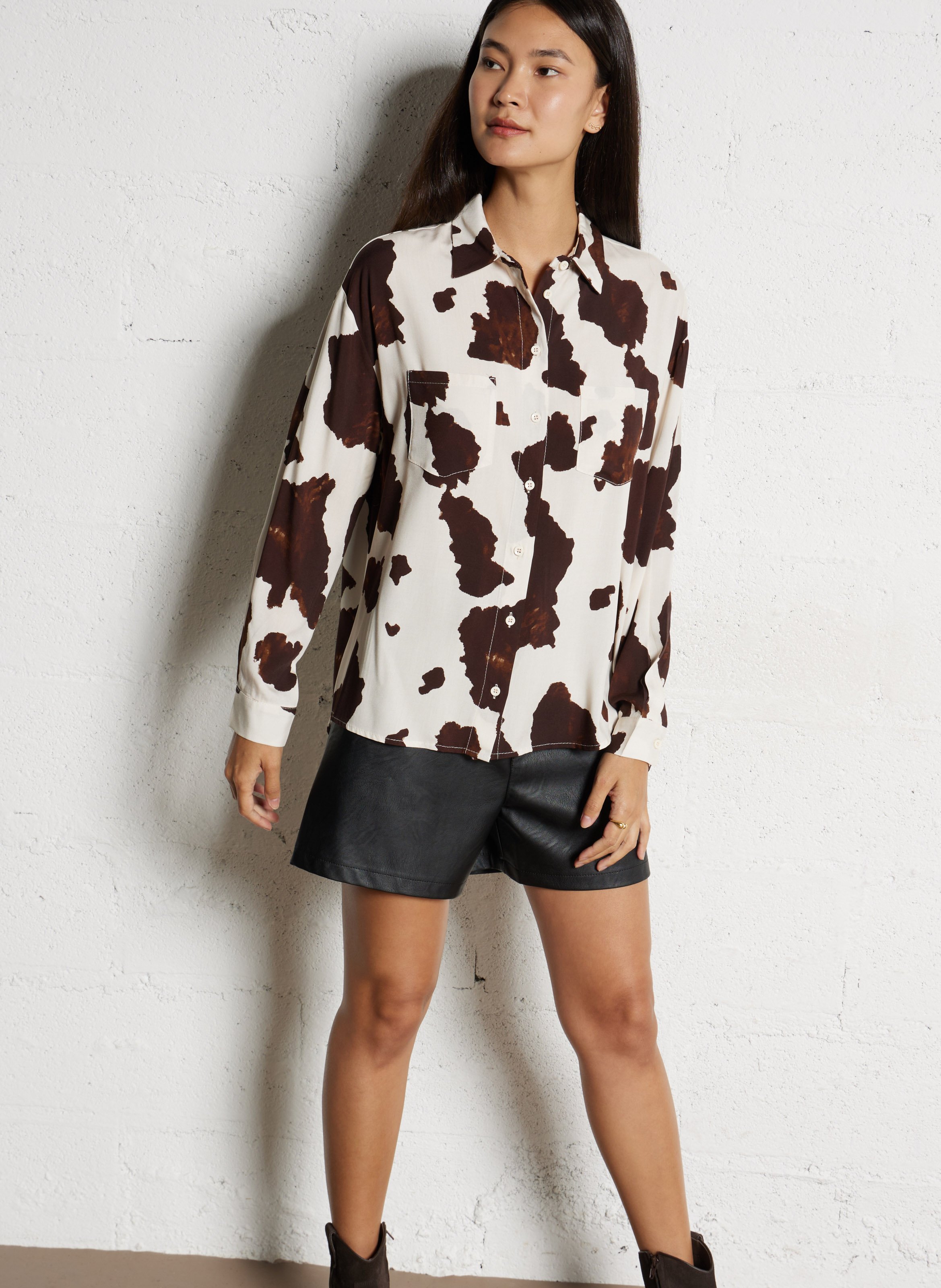 Flowy blouse with long sleeves cow print PLEASE Beige