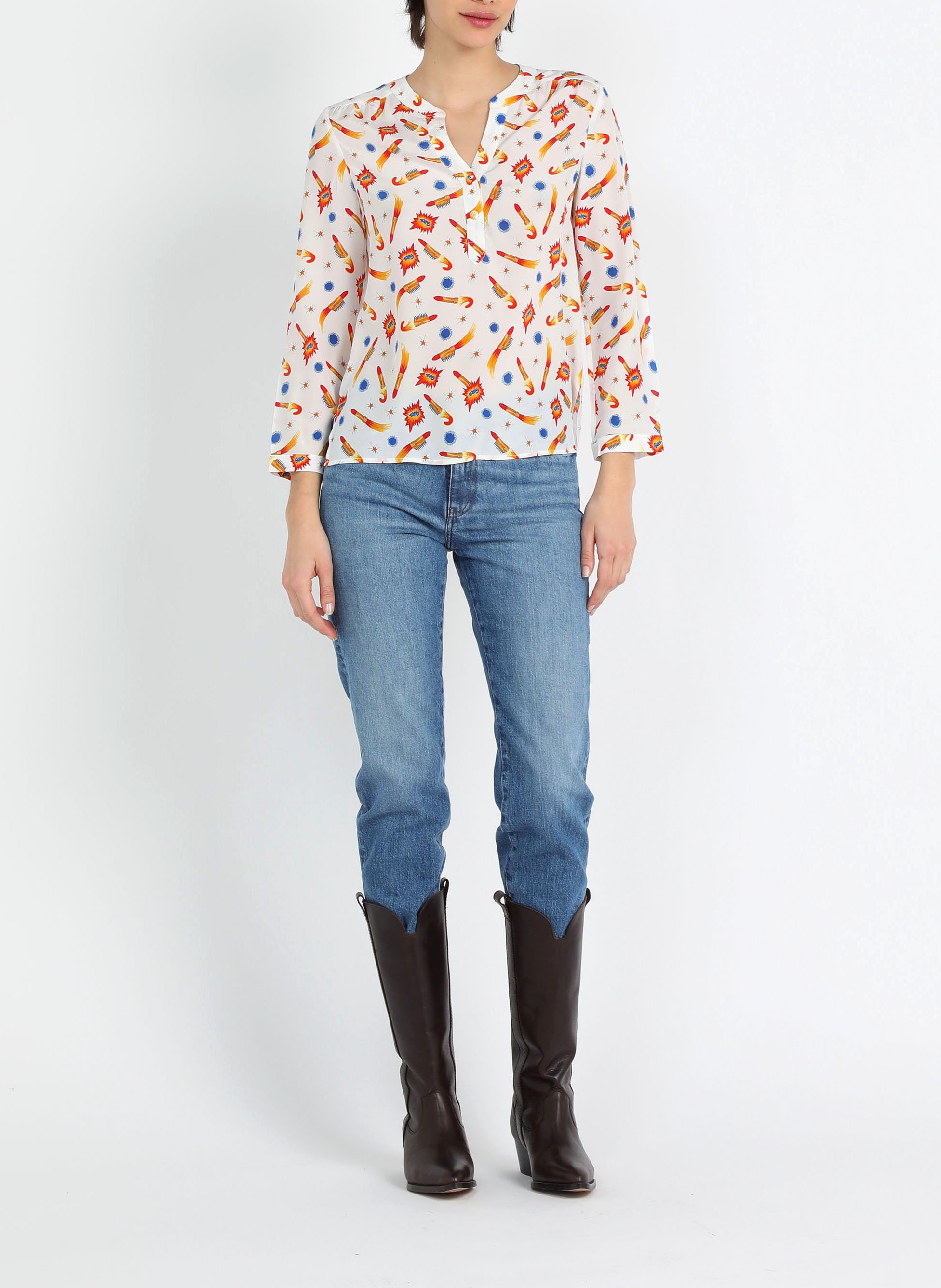 Top col tunisien imprimé en soie  SOI PARIS Blanc