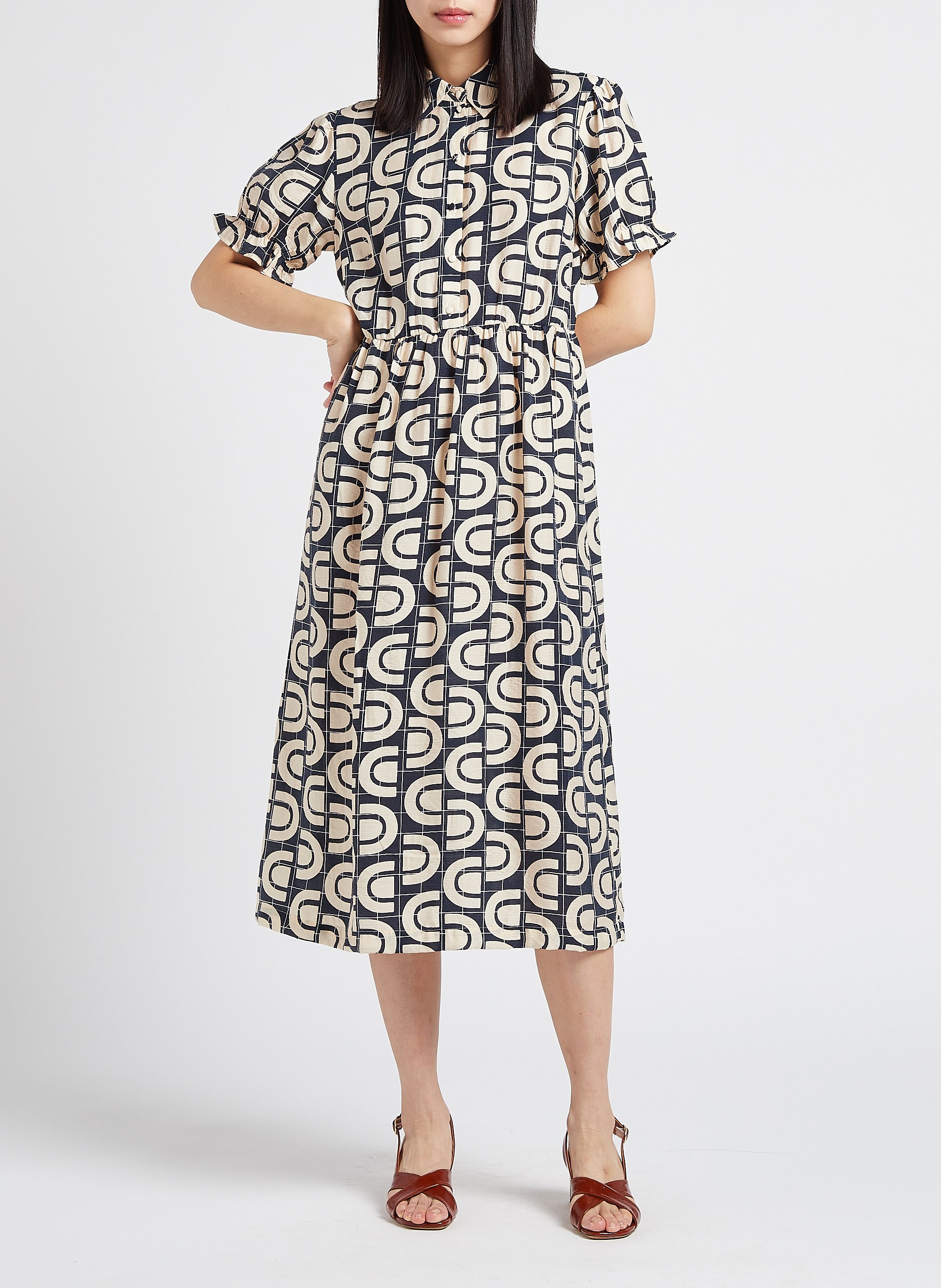 Robe midi imprimée col classique  OBJECT Bleu