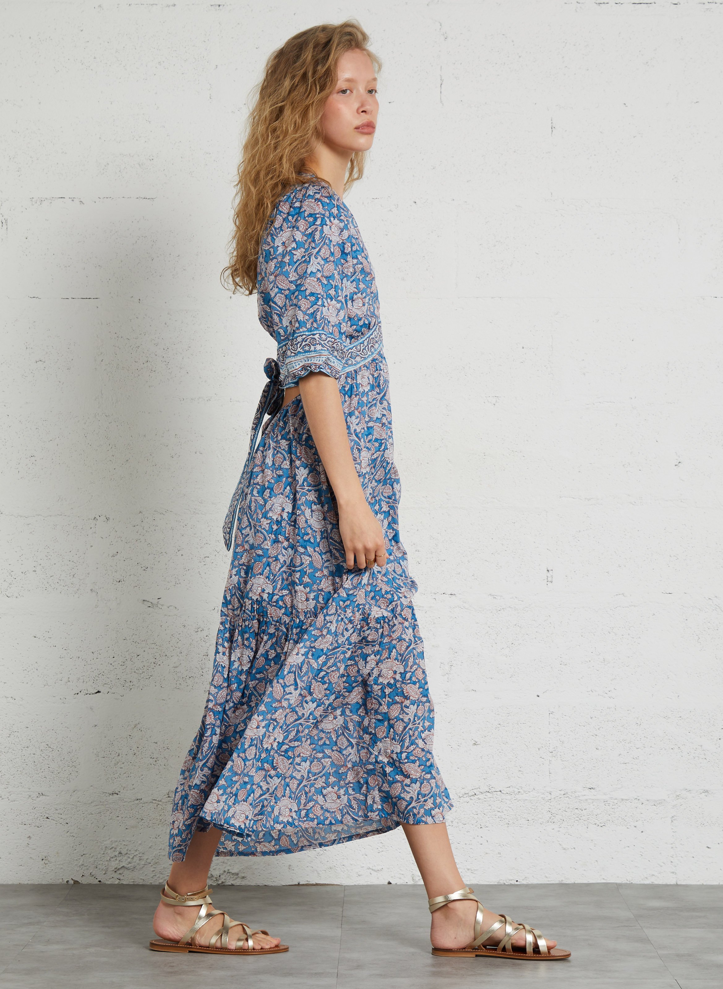 Long dress with V-neck and floral print in organic cotton. LOUISE MISHA Multicolored