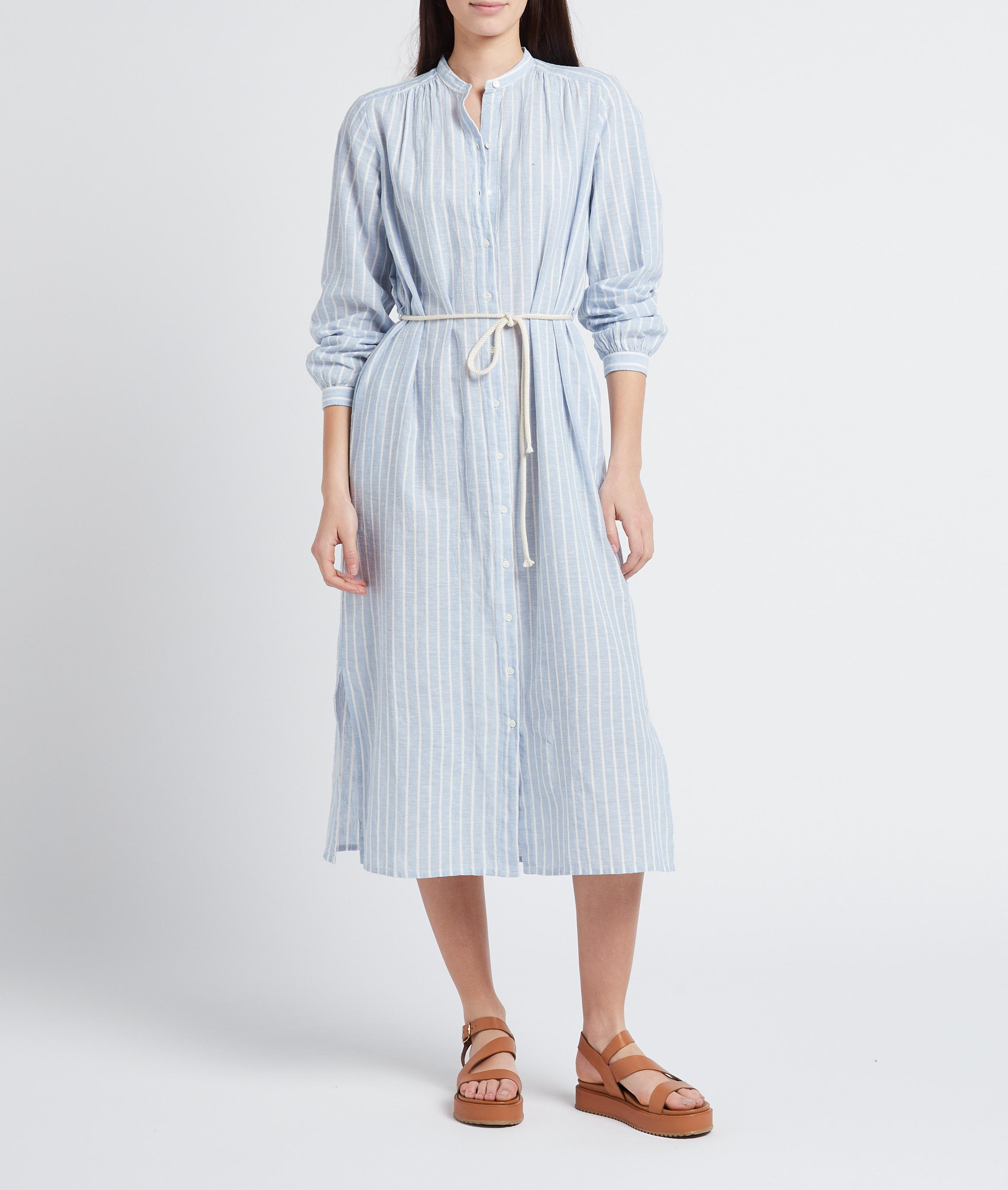Long buttoned striped cotton and linen dress HARTFORD Blue
