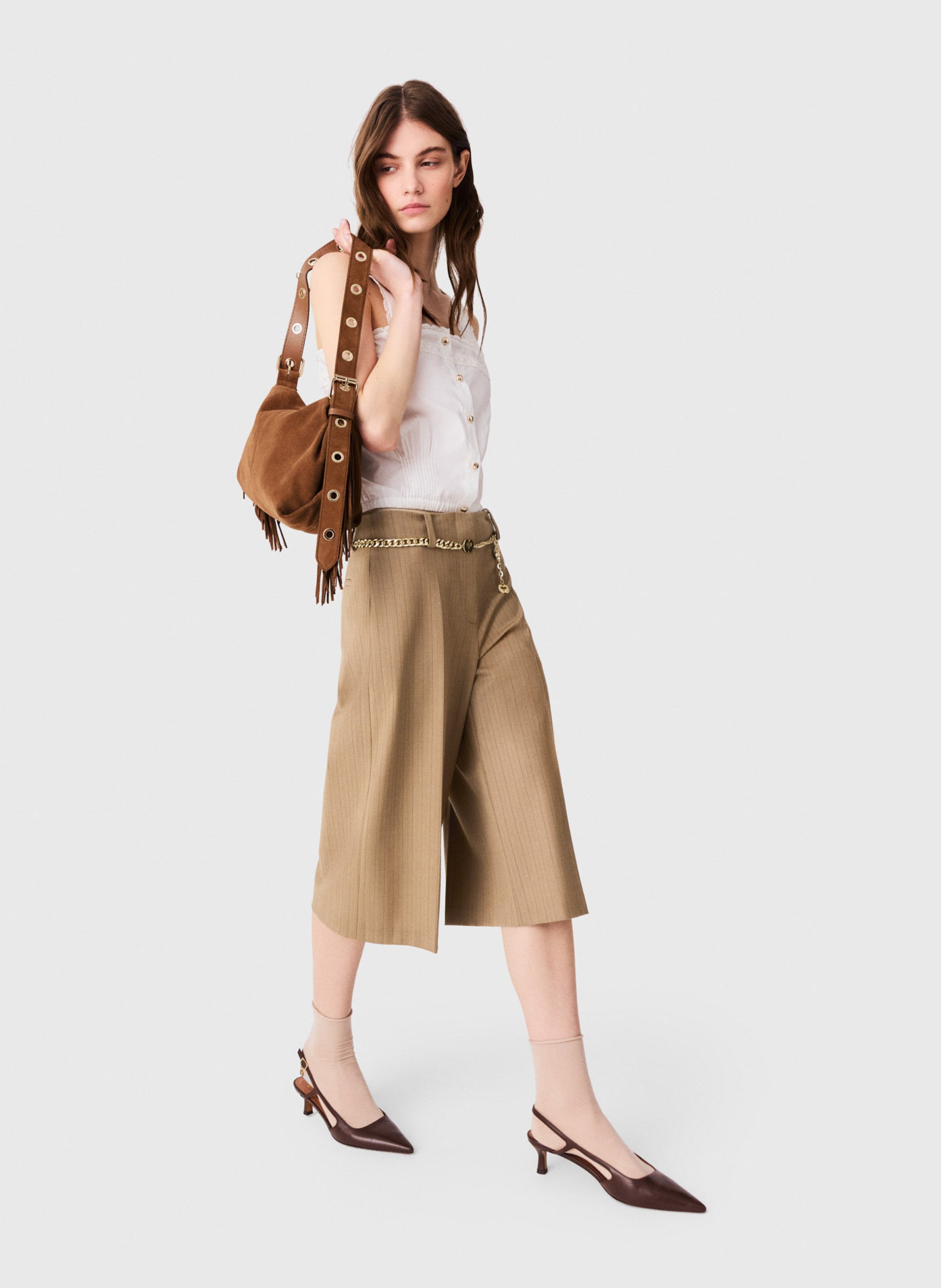 Striped wool blend tailored Bermuda shorts MAJE Beige