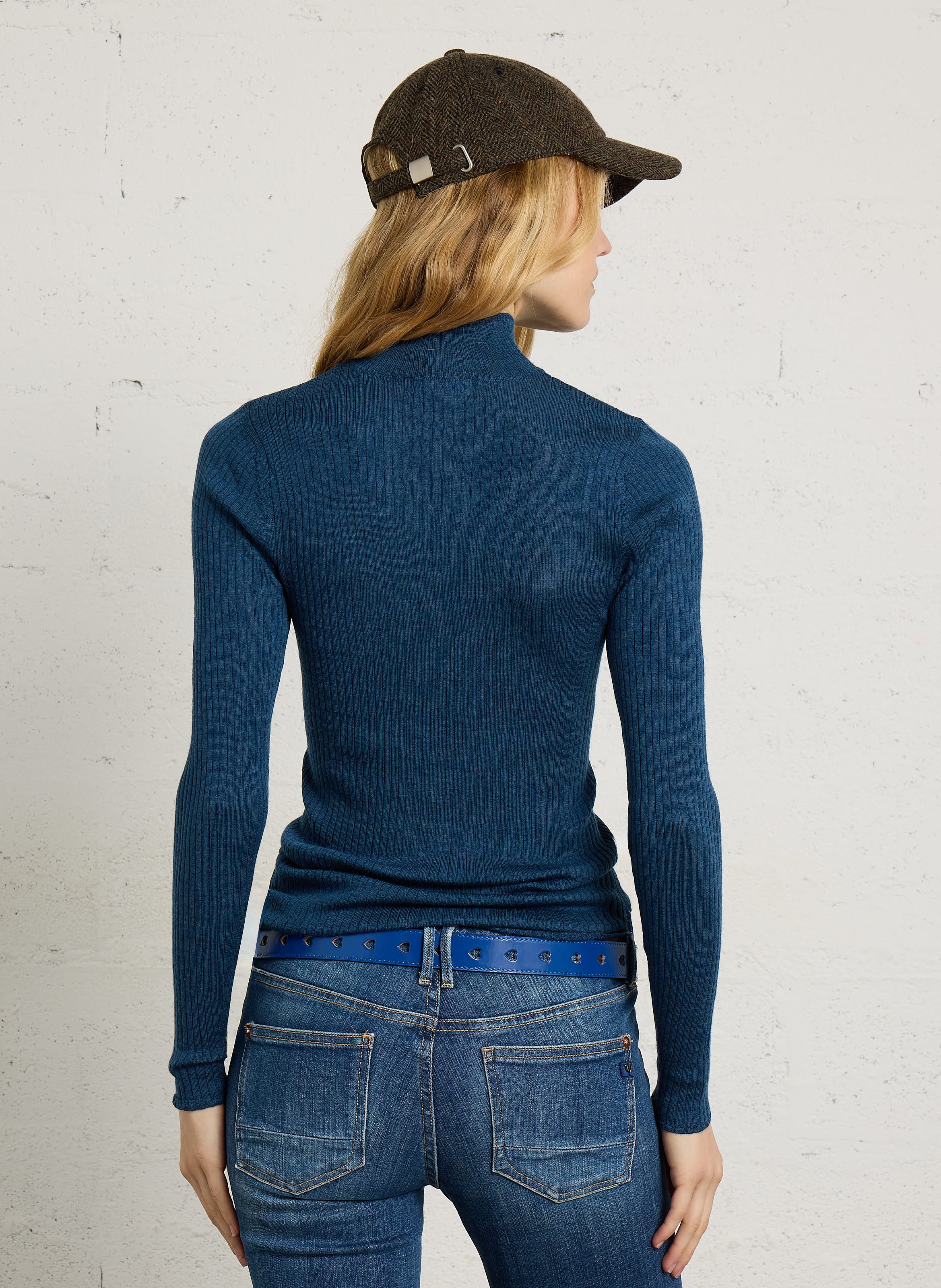 Lange mouw aansluitend T-shirt van wol MAJESTIC FILATURES Blauw