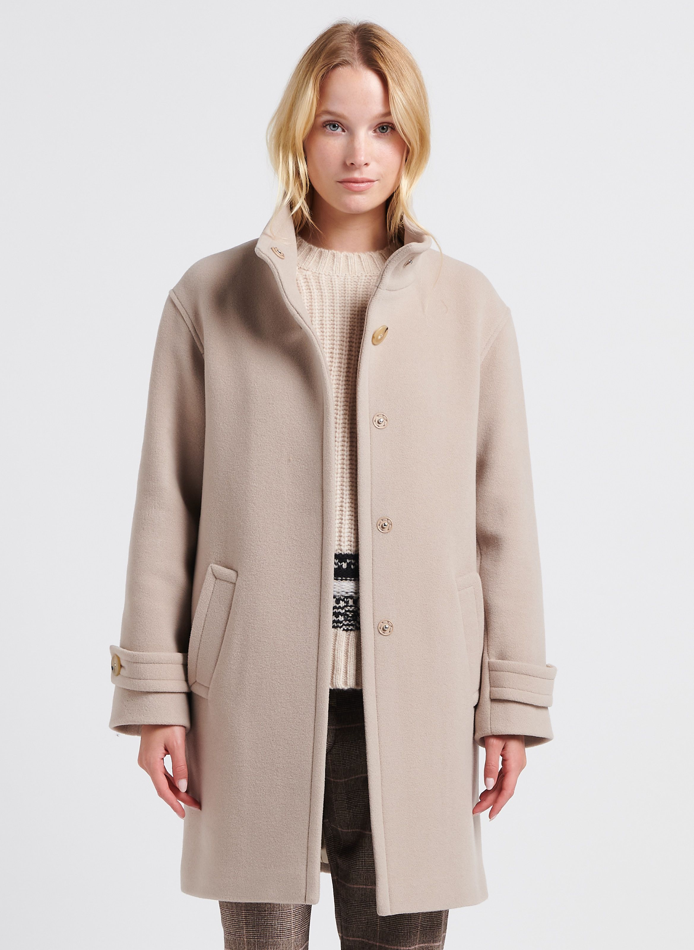 Brown Straight virgin wool blend coat with high collar