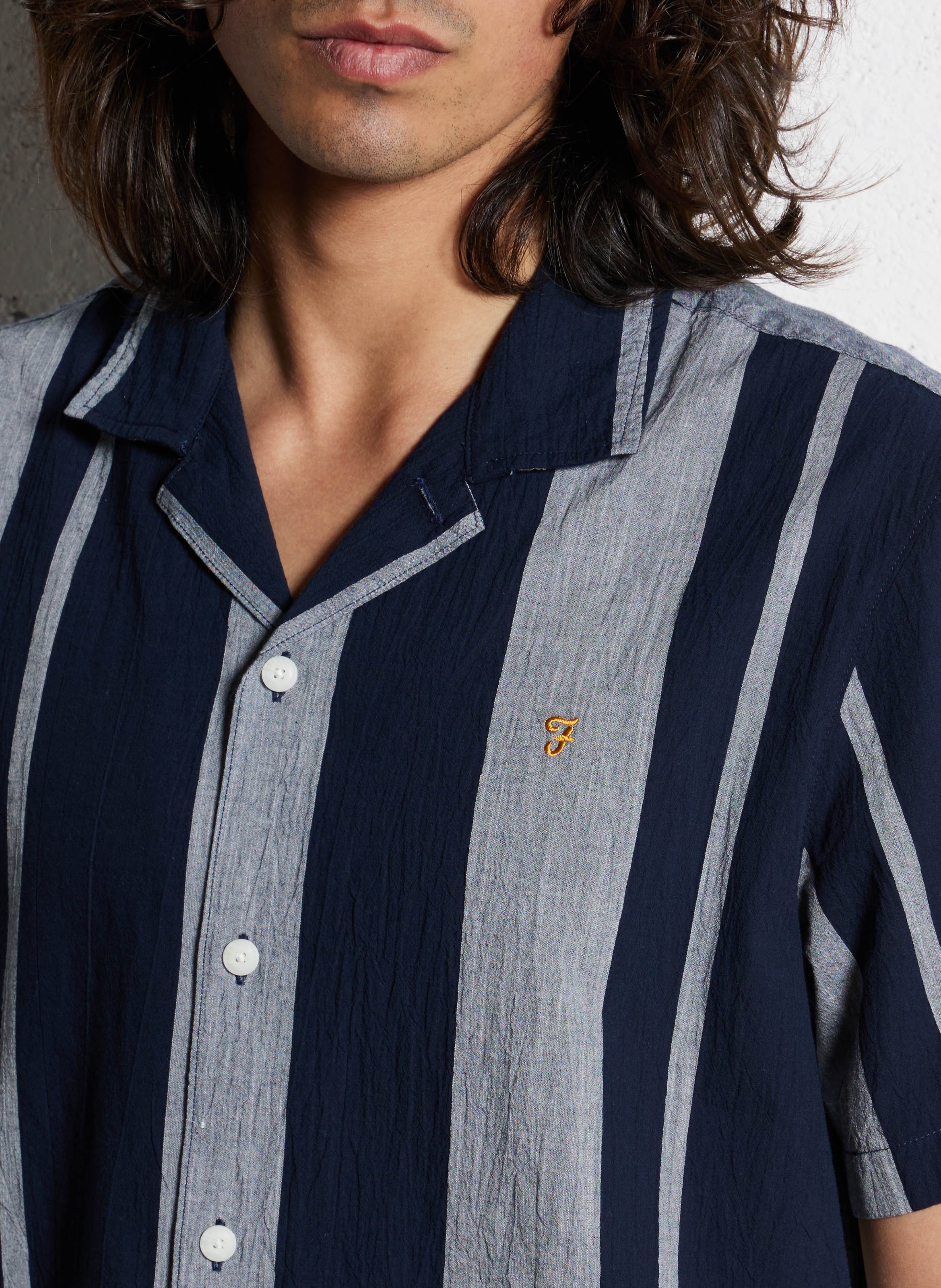 Straight Cuban collar striped cotton shirt FARAH Blue