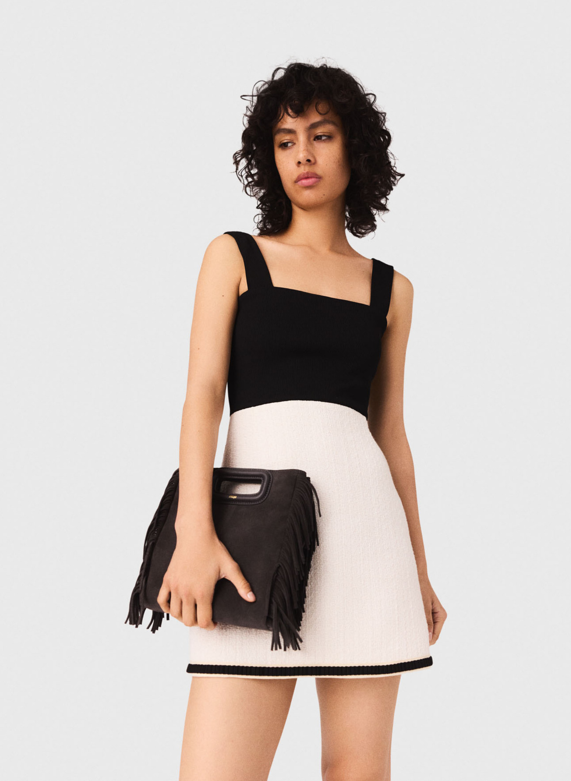 Square-neck cotton-blend short dress MAJE Beige