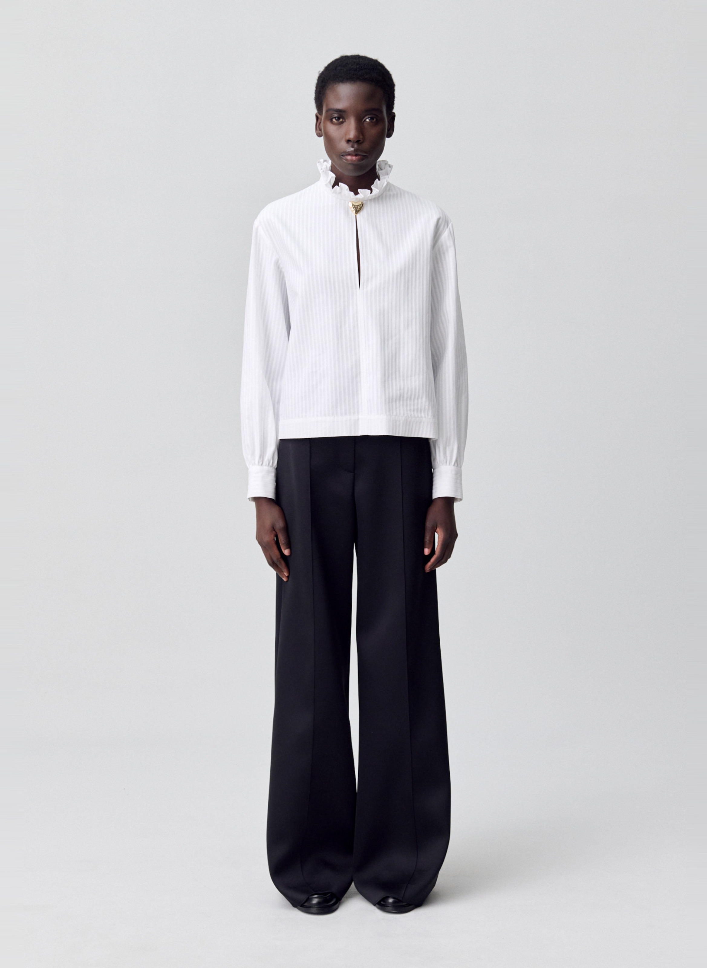 Blouse droite col victorien rayée en coton CLAUDIE PIERLOT Blanc