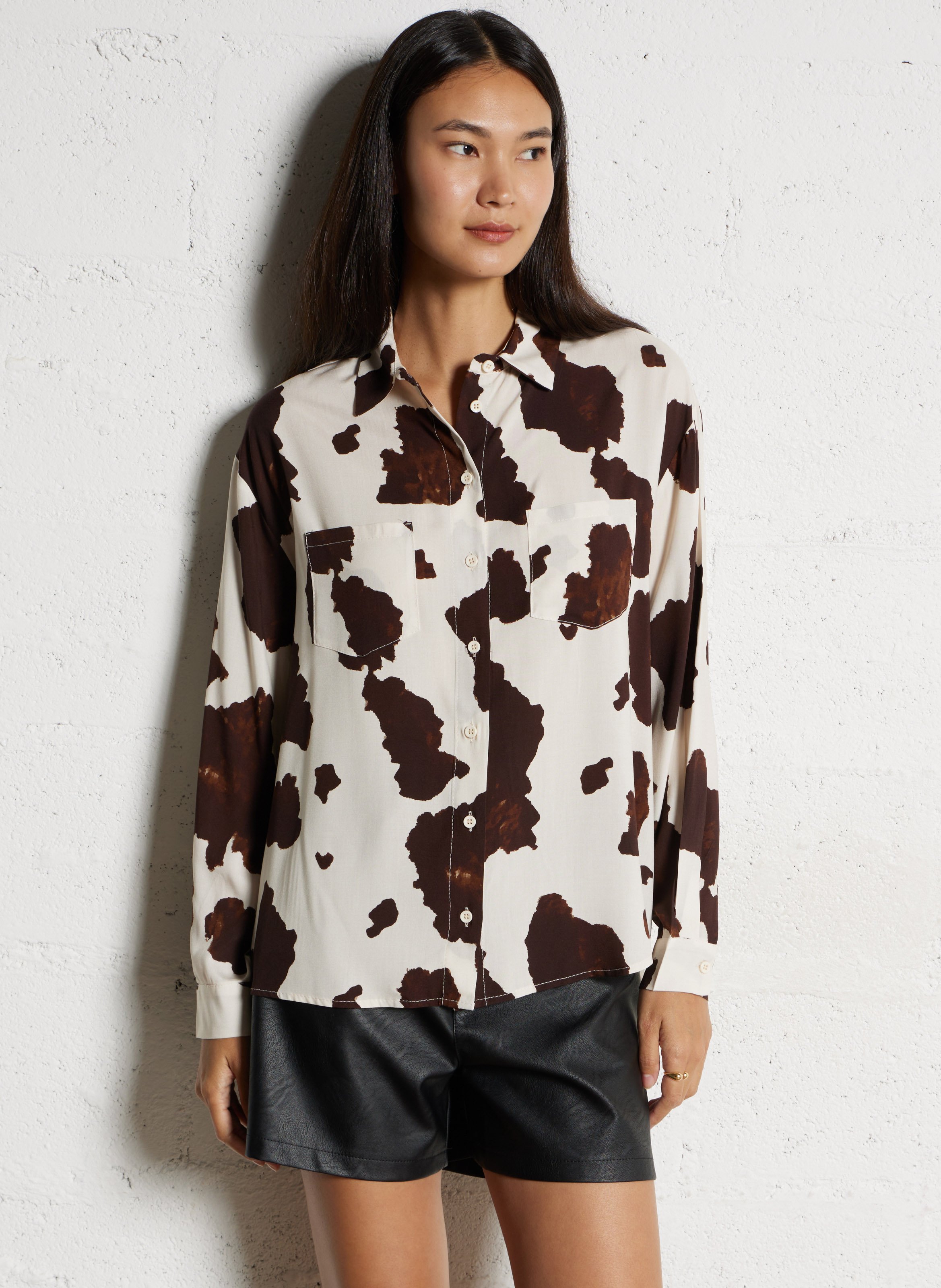 Flowy blouse with long sleeves cow print PLEASE Beige