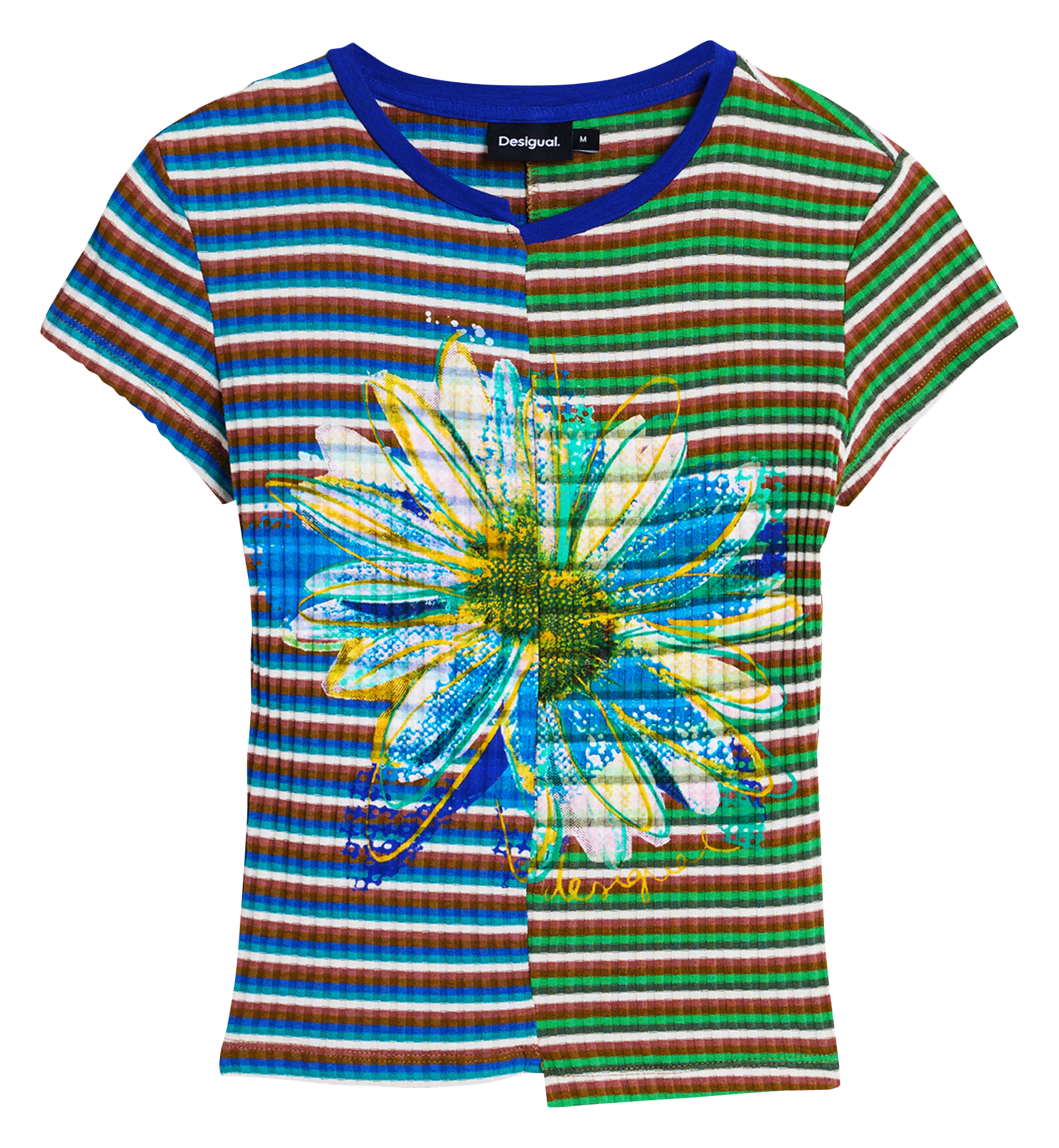 Tee-shirt ajusté à rayures et fleur DESIGUAL Vert