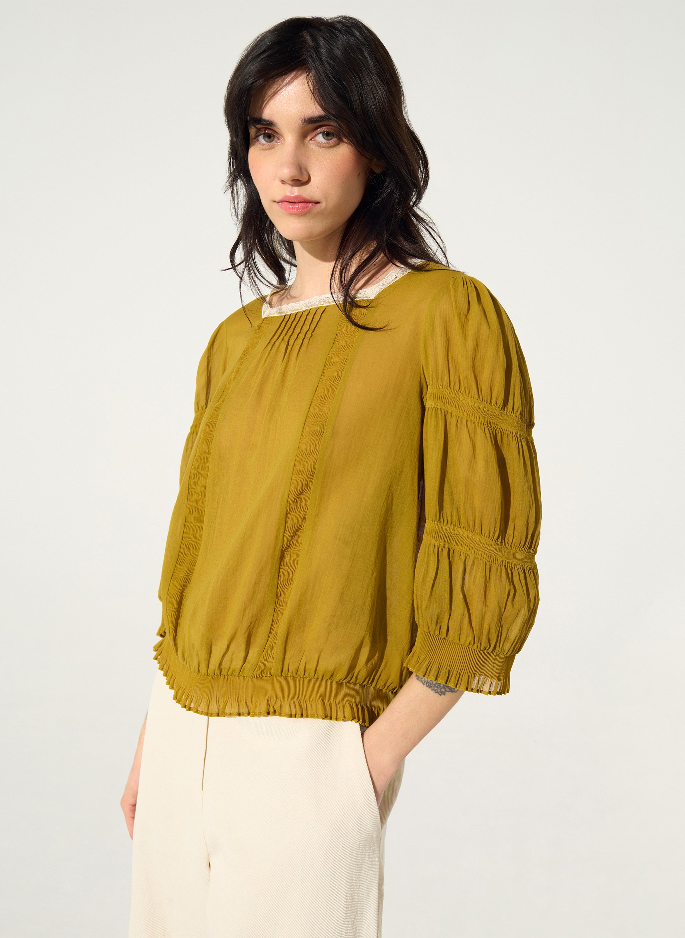 Gerade Bluse mit Rundhalsausschnitt aus Baumwolle COTELAC Gelb