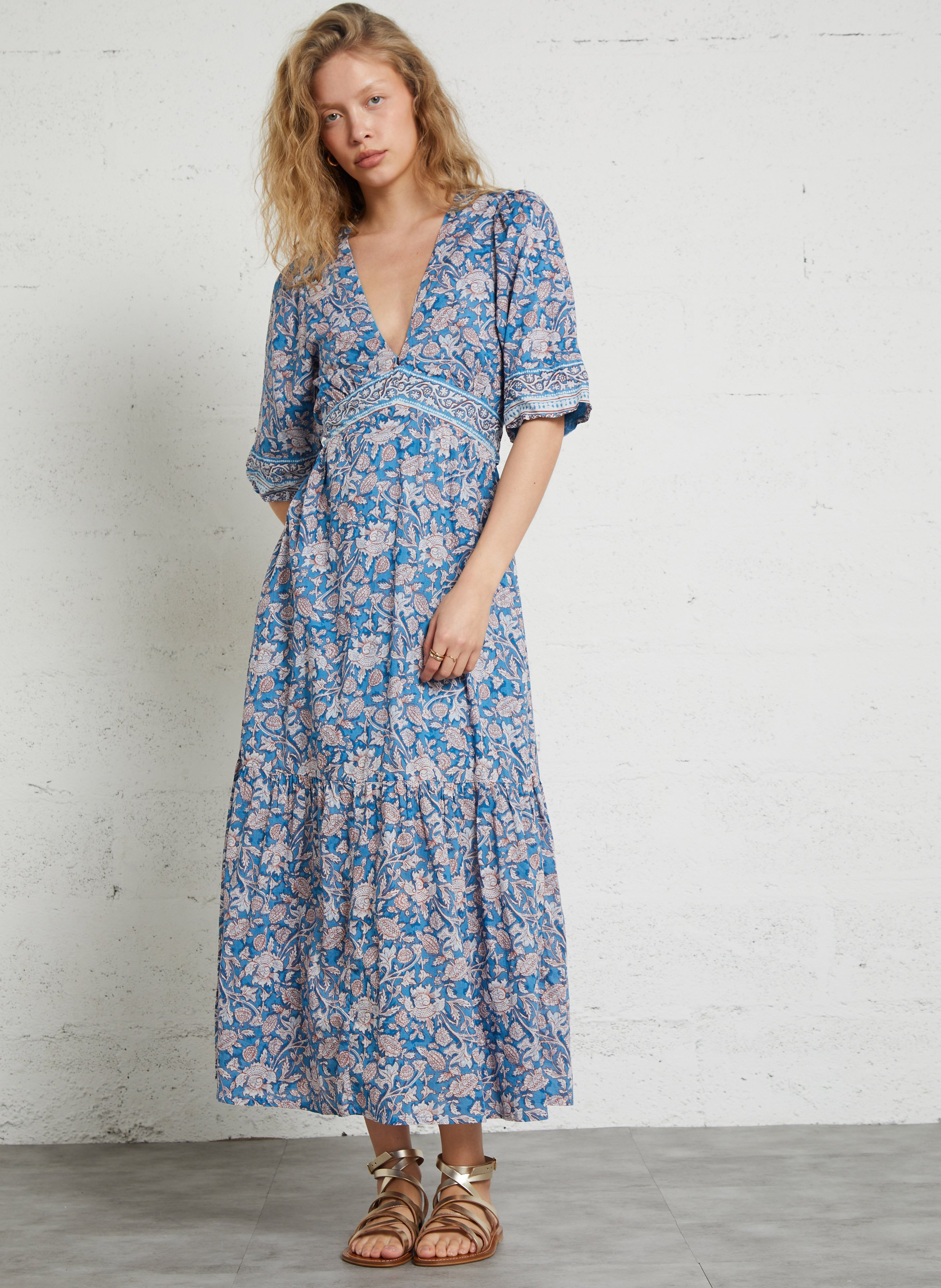 Long dress with V-neck and floral print in organic cotton. LOUISE MISHA Multicolored