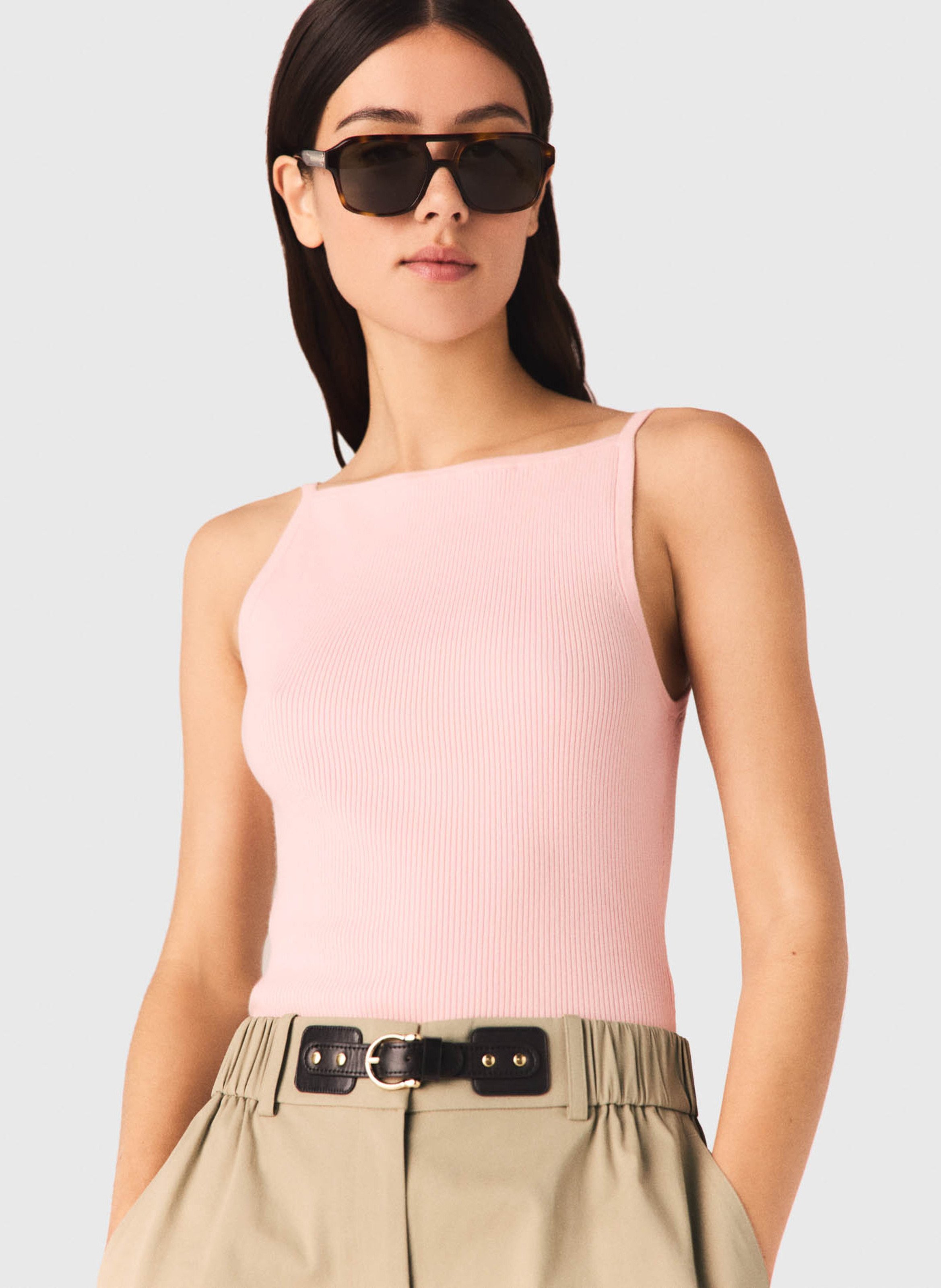 Ribbed cotton blend fitted top MAJE Pink