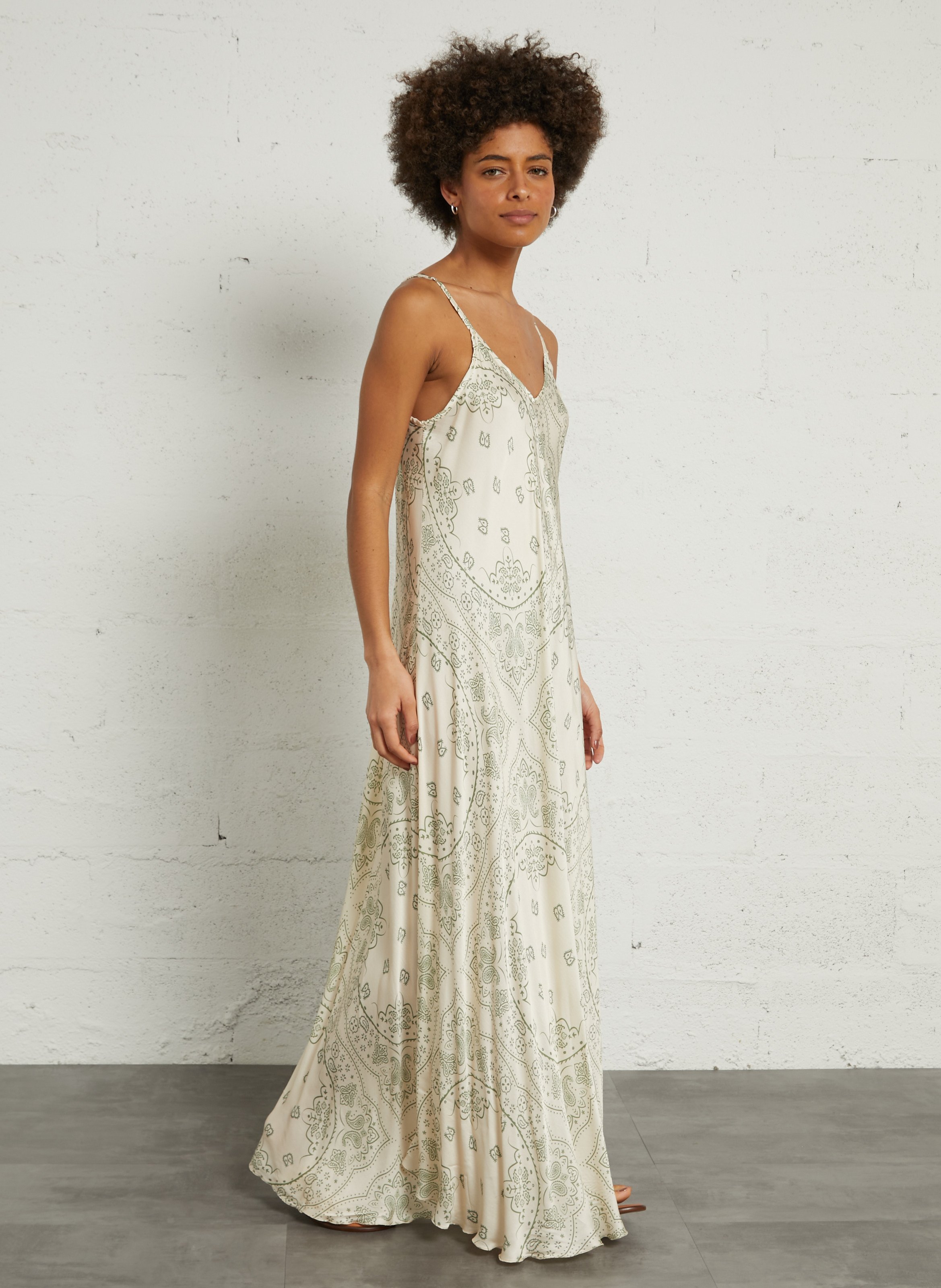 Long V-neck satin printed cashmere long dress AOKYANOS Beige