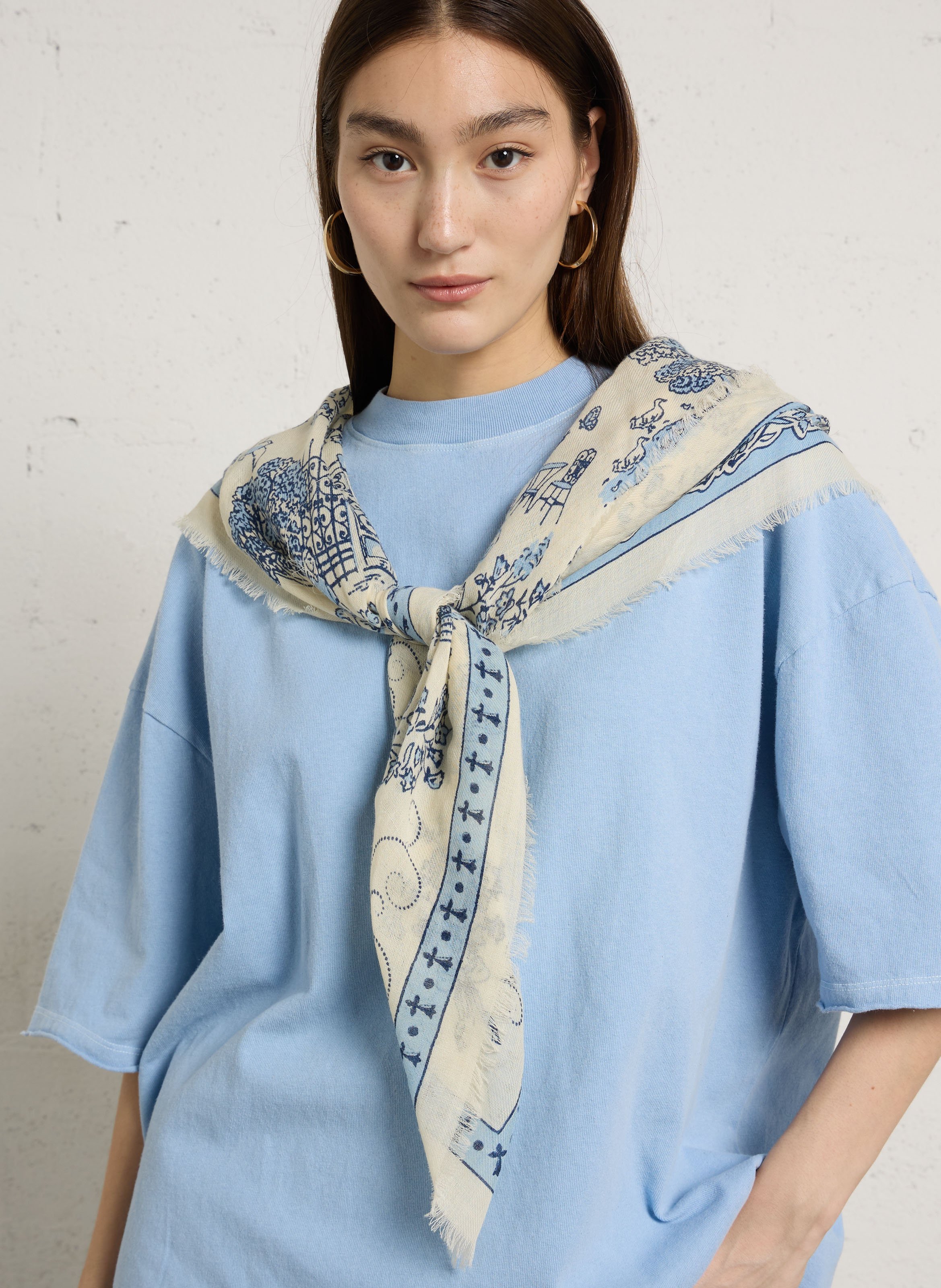 Printed wool scarf MAISON LECOMTE FLAMENT Blue