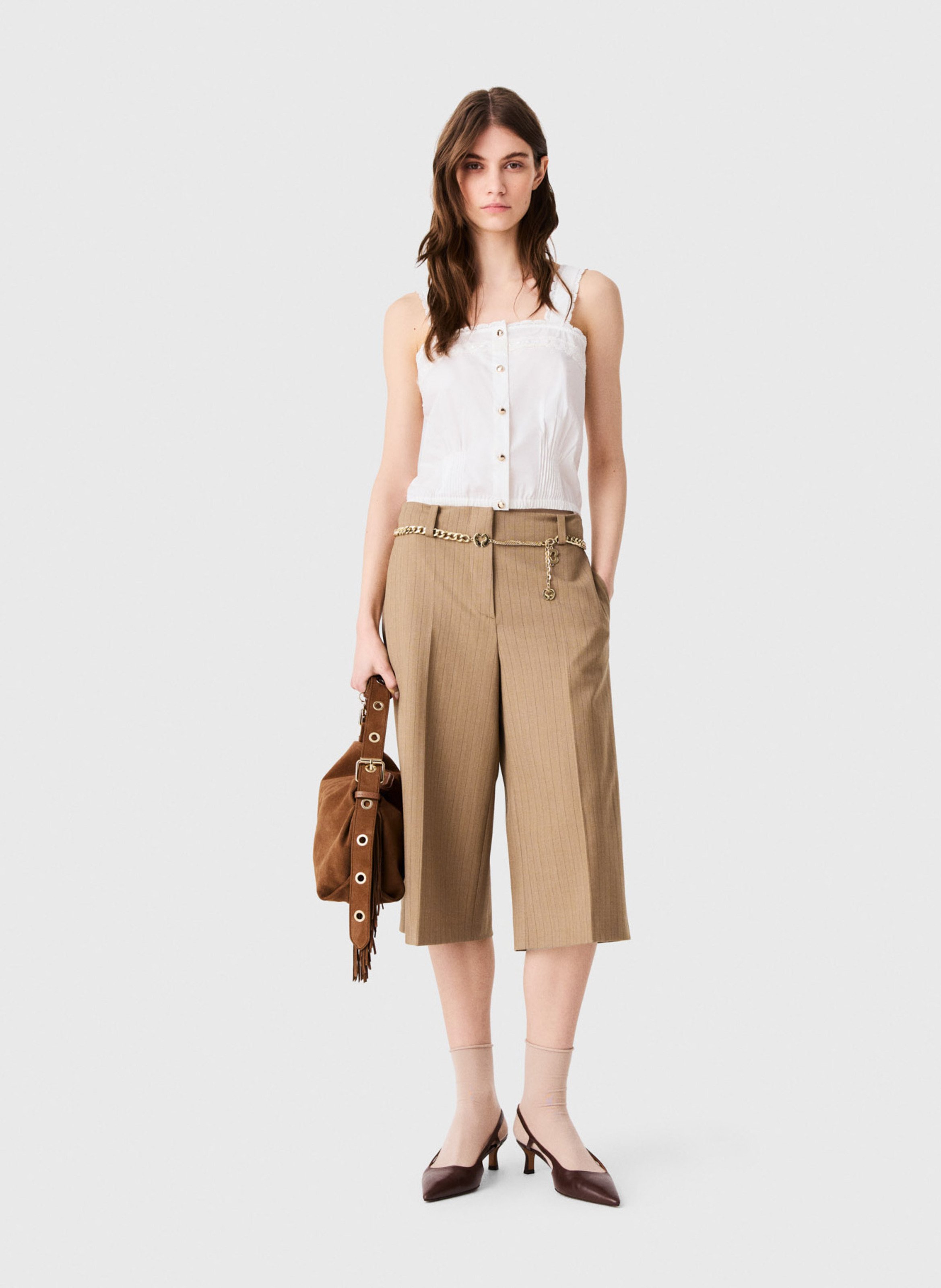 Striped wool blend tailored Bermuda shorts MAJE Beige