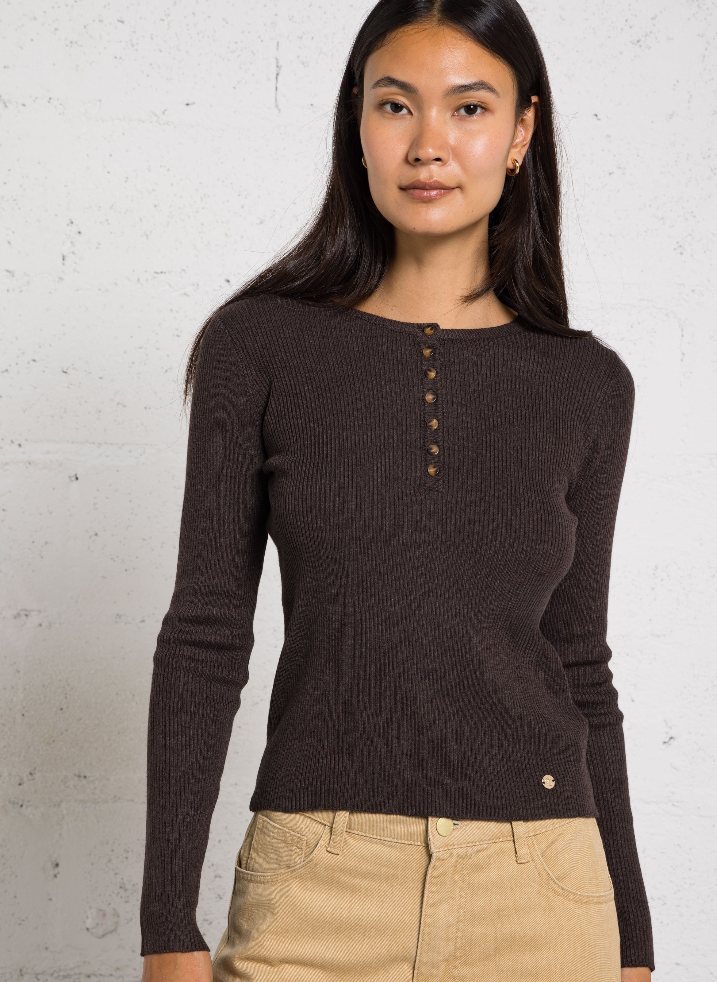 Tee-shirt ajusté boutonné uni LA PETITE ETOILE Marron