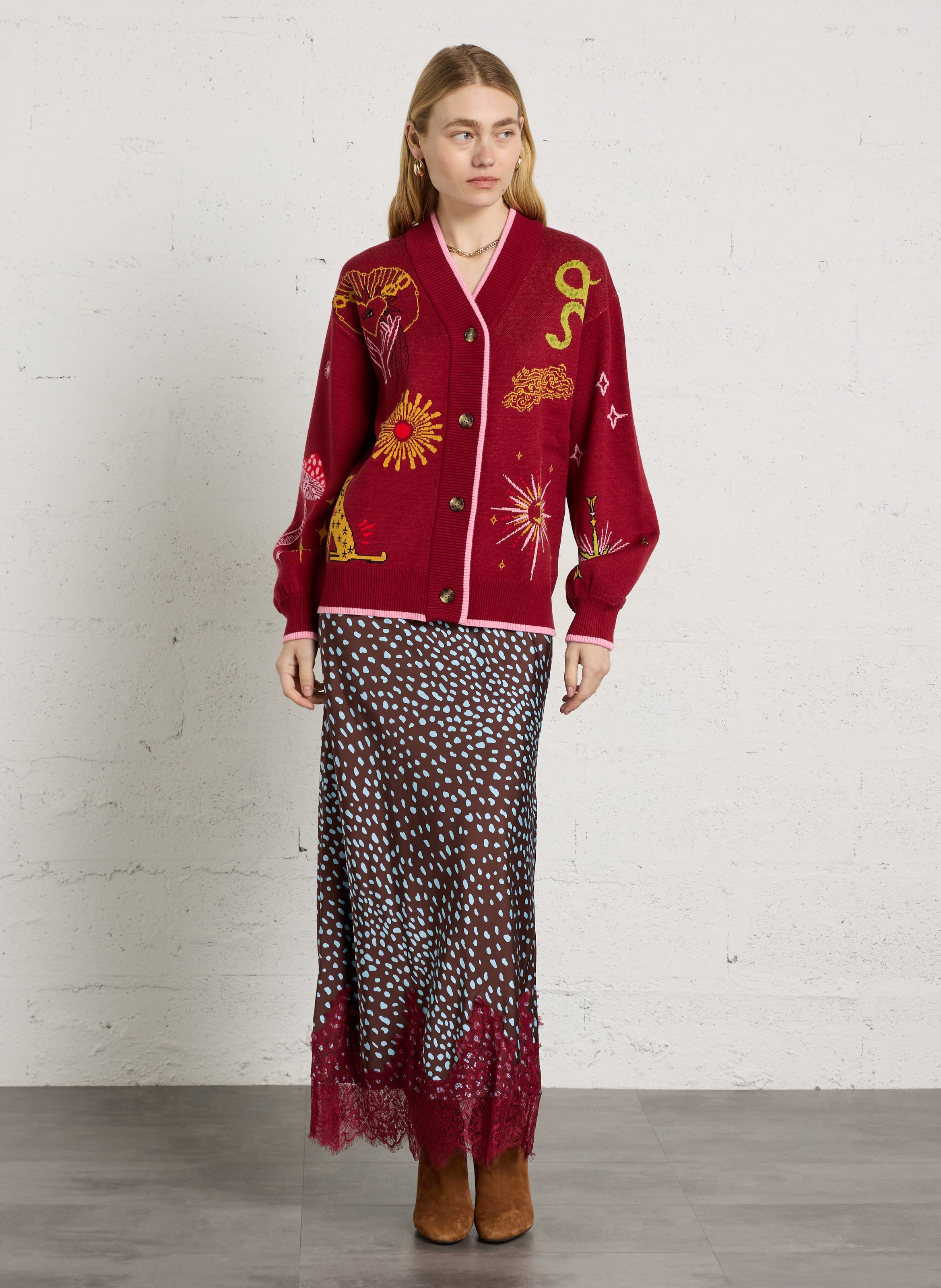 Straight-fit V-neck cardigan in a jacquard pattern NEVER FULLY DRESSED Red