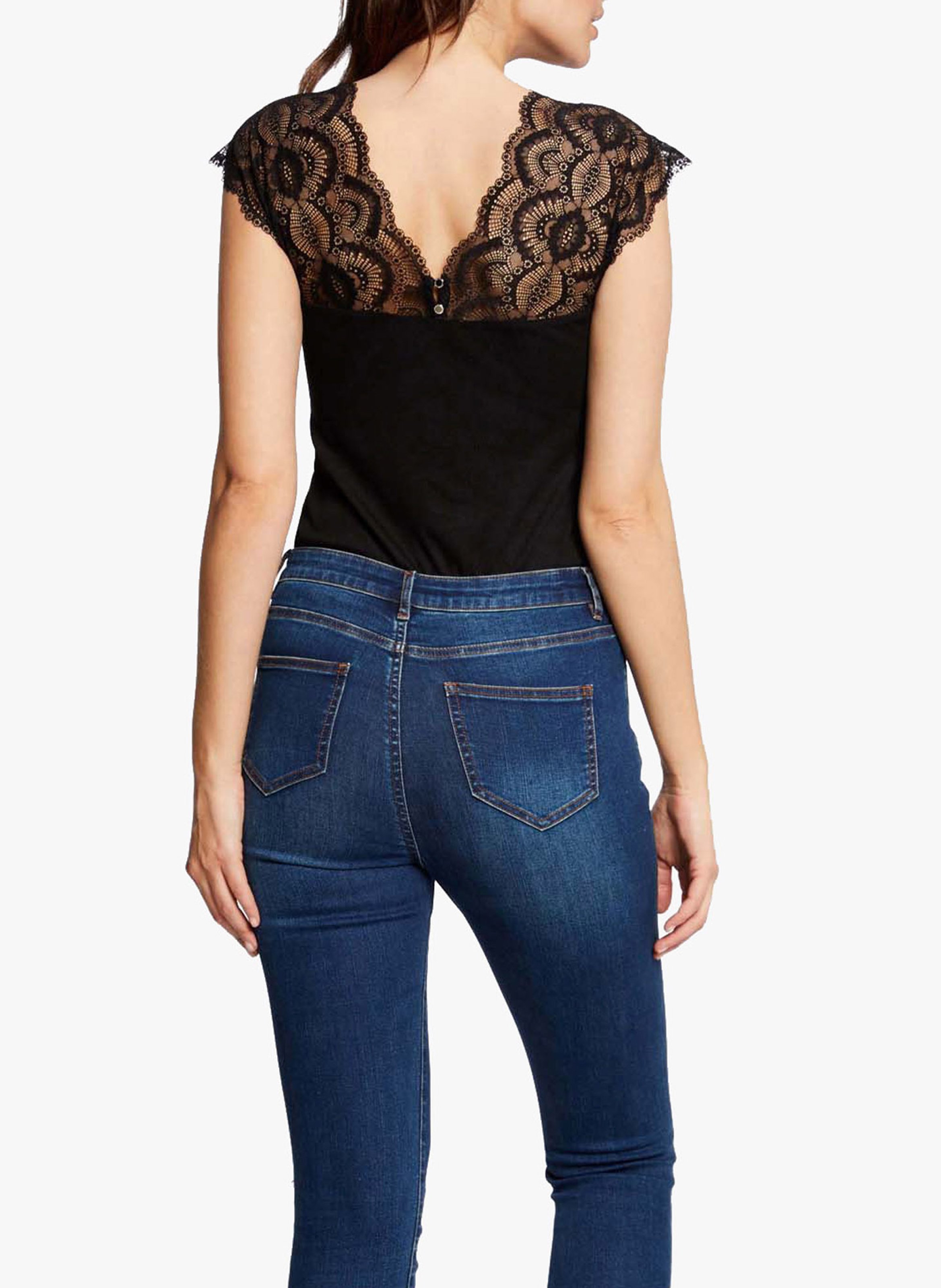 Top manches courtes à dentelle Noir