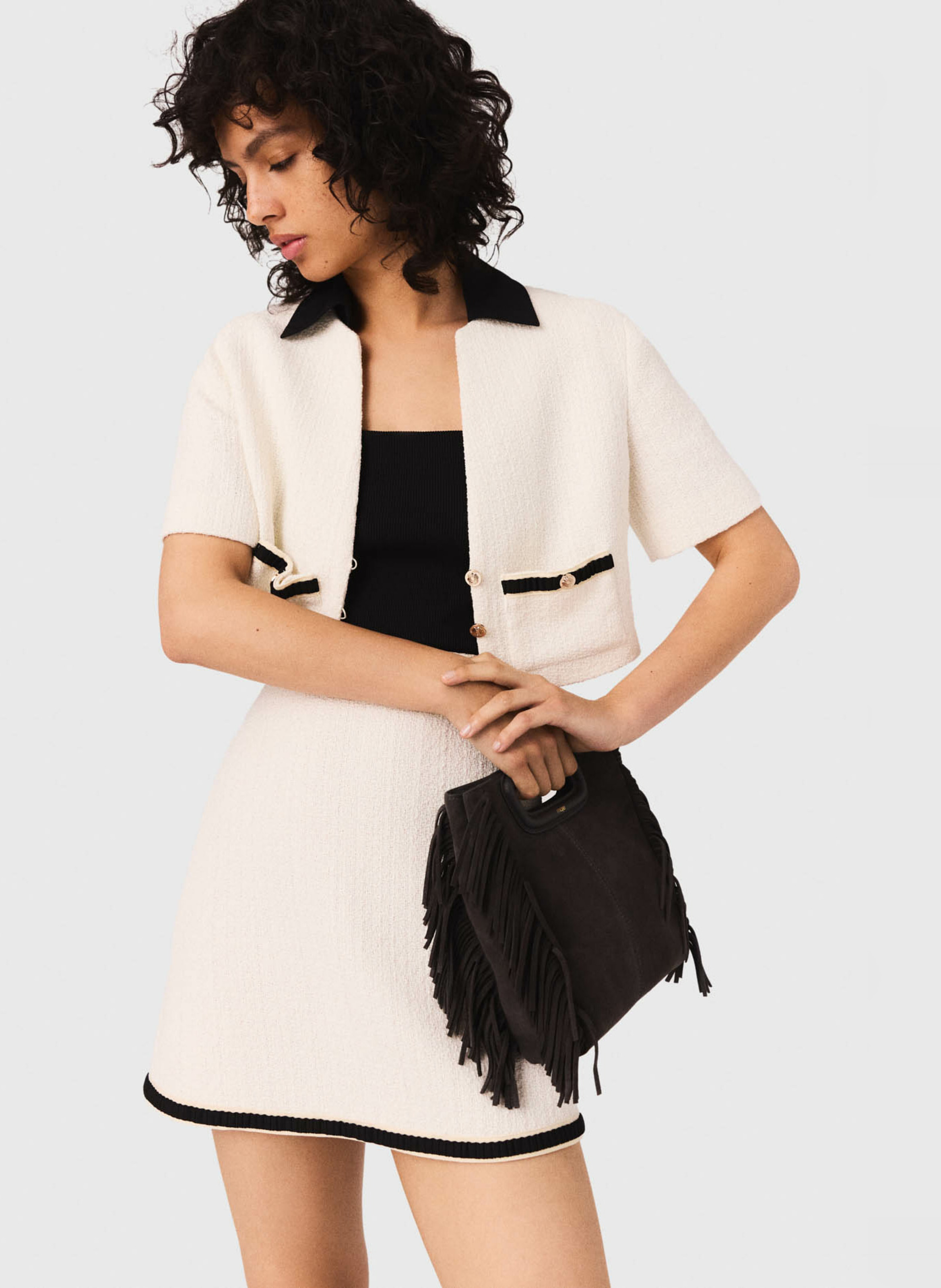 Square-neck cotton-blend short dress MAJE Beige