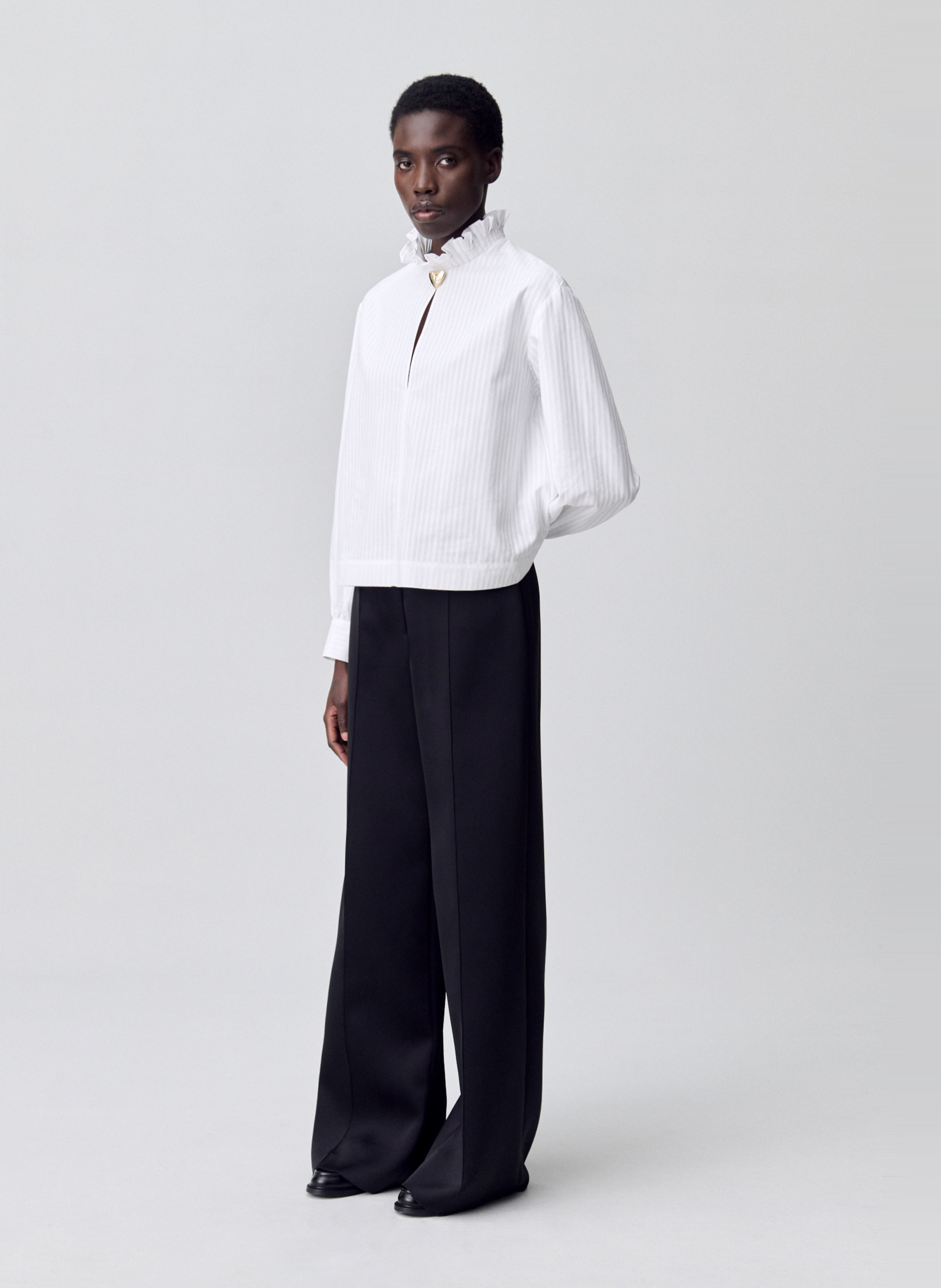 Blouse droite col victorien rayée en coton CLAUDIE PIERLOT Blanc