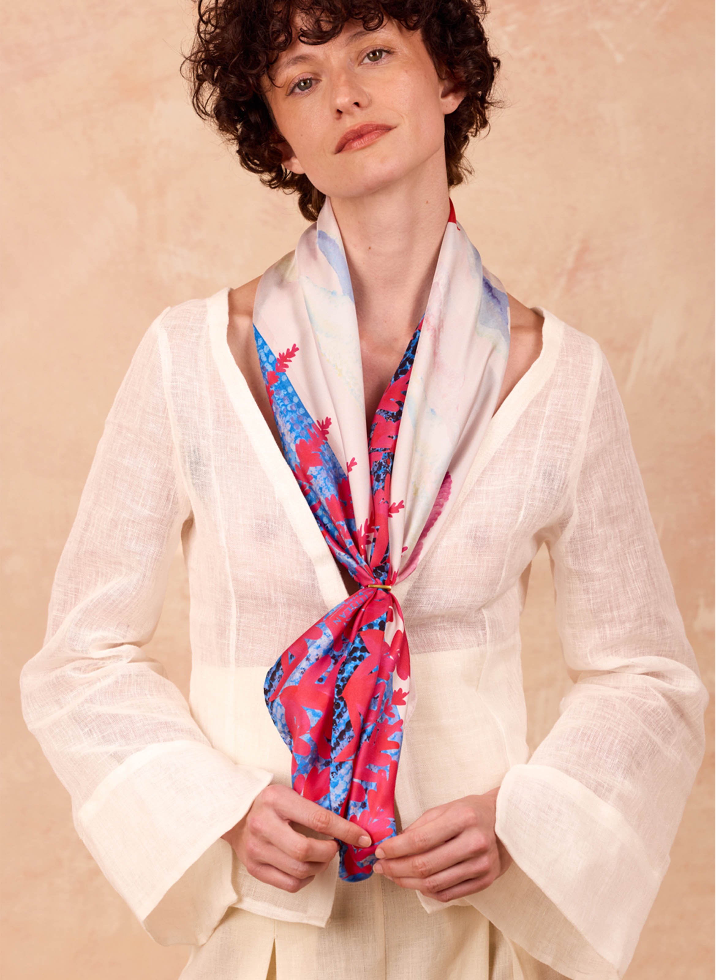 Aclaudie screen-printed silk scarf PETITJEAN PARIS Blue