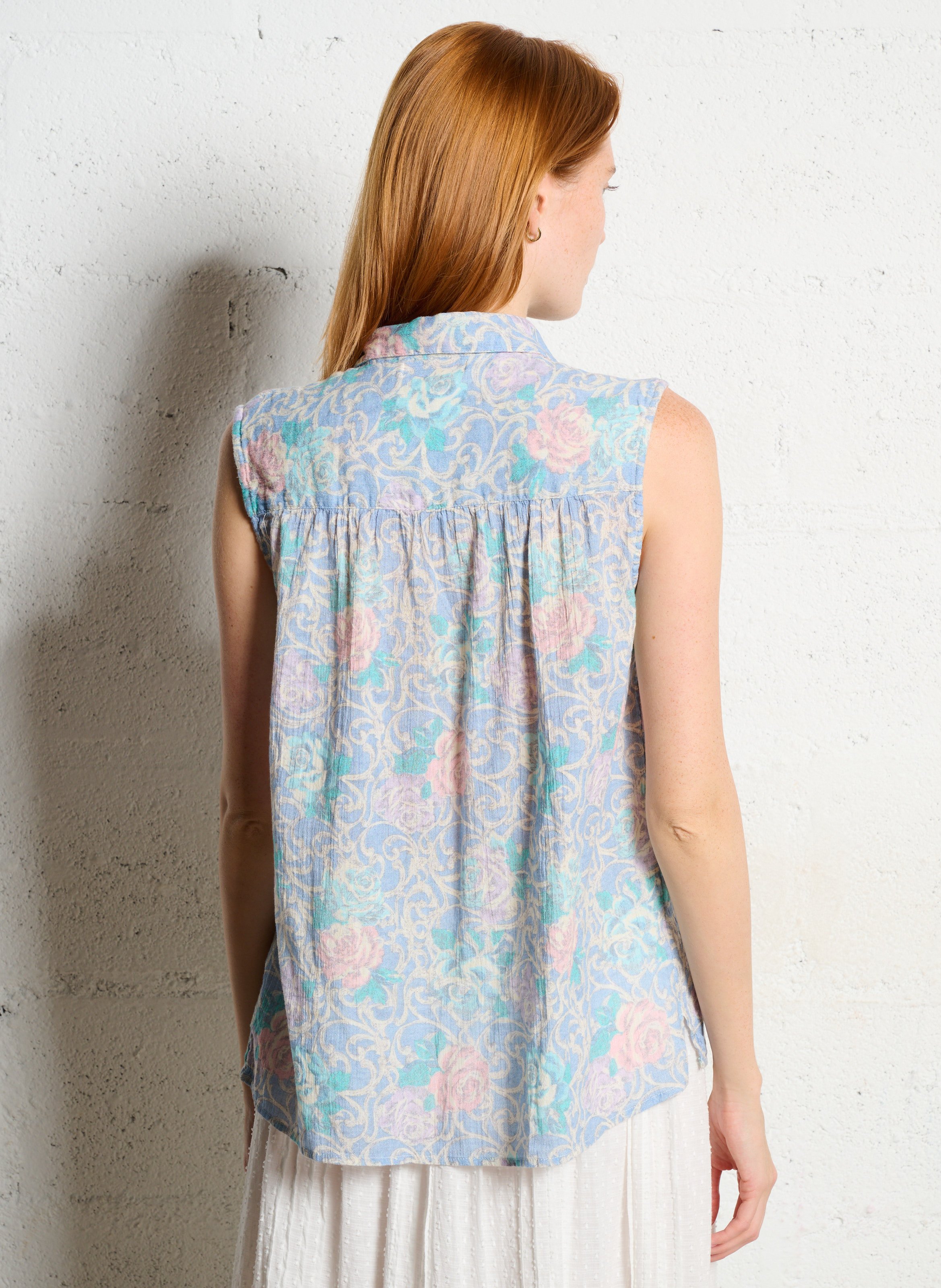 Chemise droit col V en coton imprimé MAISON HOTEL Bleu