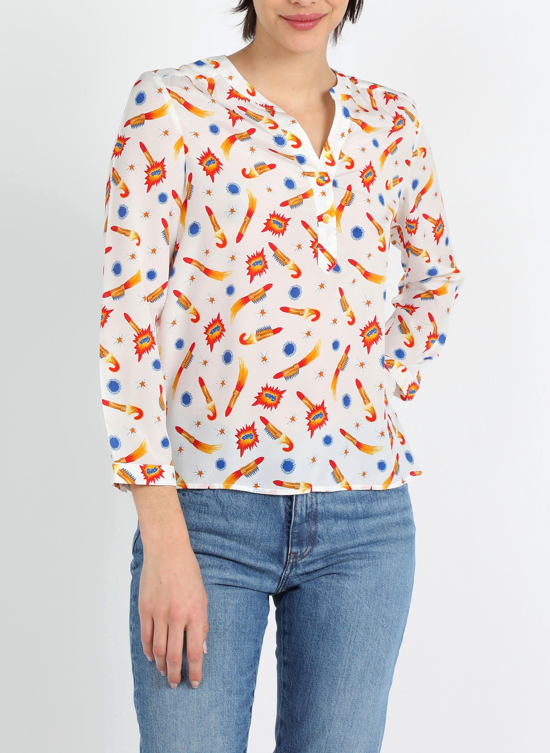 Top col tunisien imprimé en soie  SOI PARIS Blanc