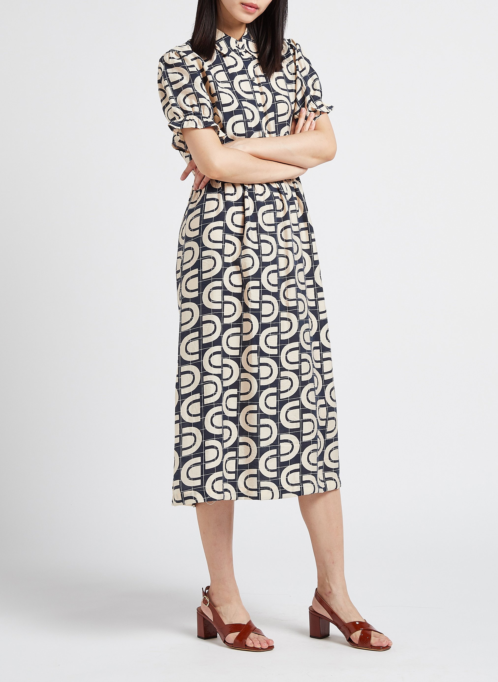 Robe midi imprimée col classique  OBJECT Bleu