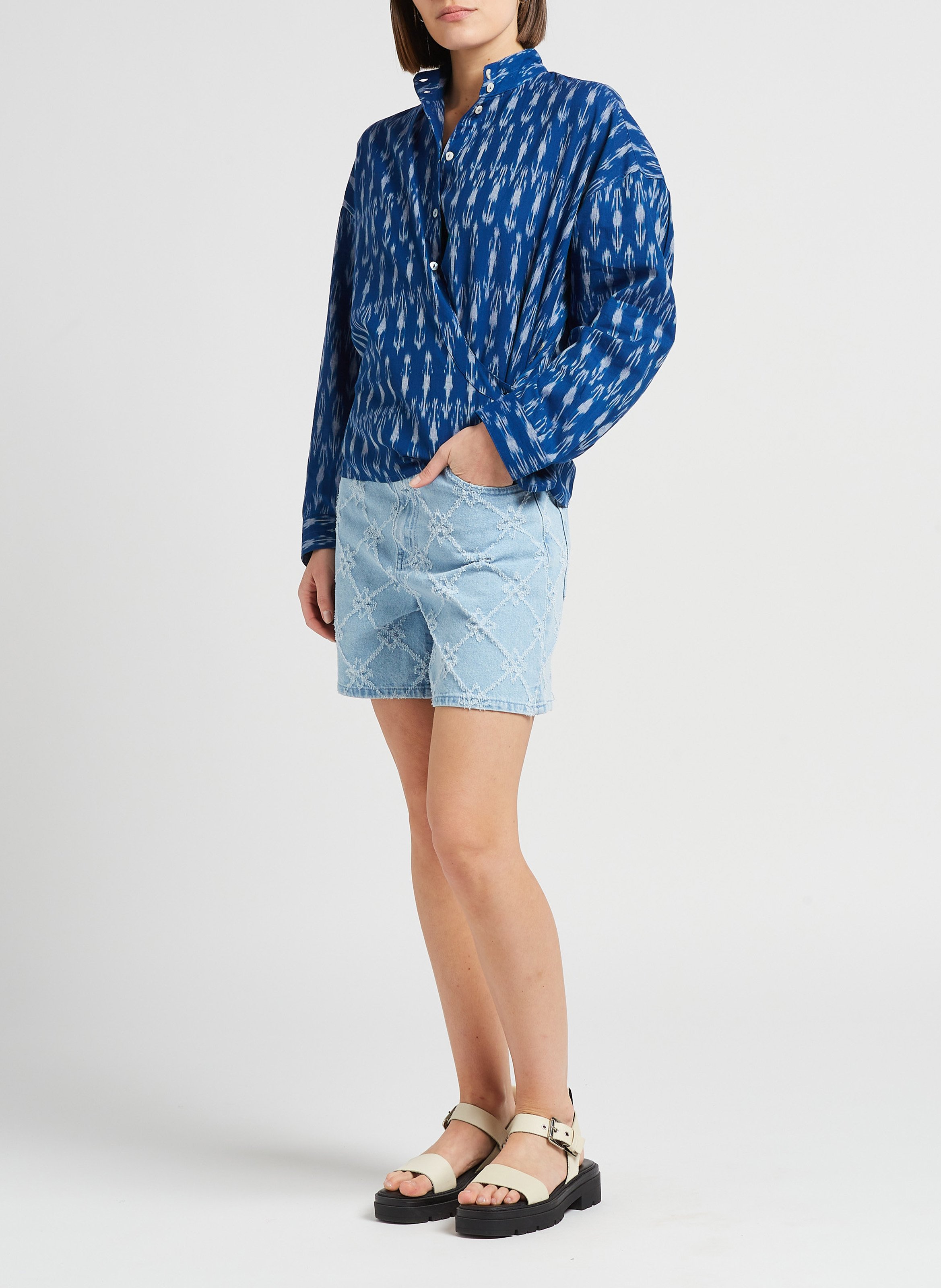 Top col montant imprimé en coton V DE VINSTER Bleu