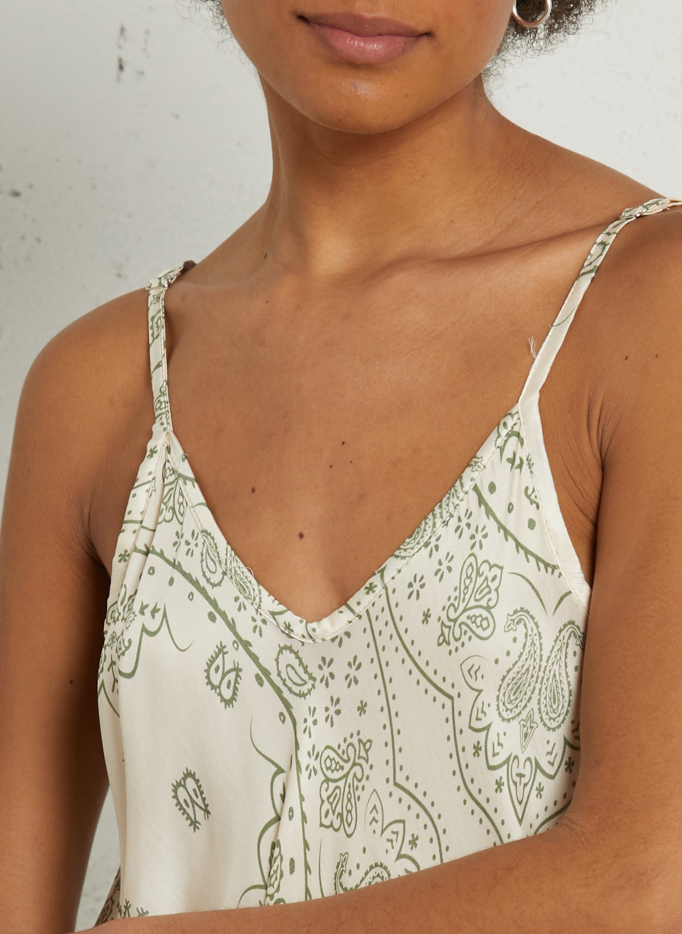 Long V-neck satin printed cashmere long dress AOKYANOS Beige