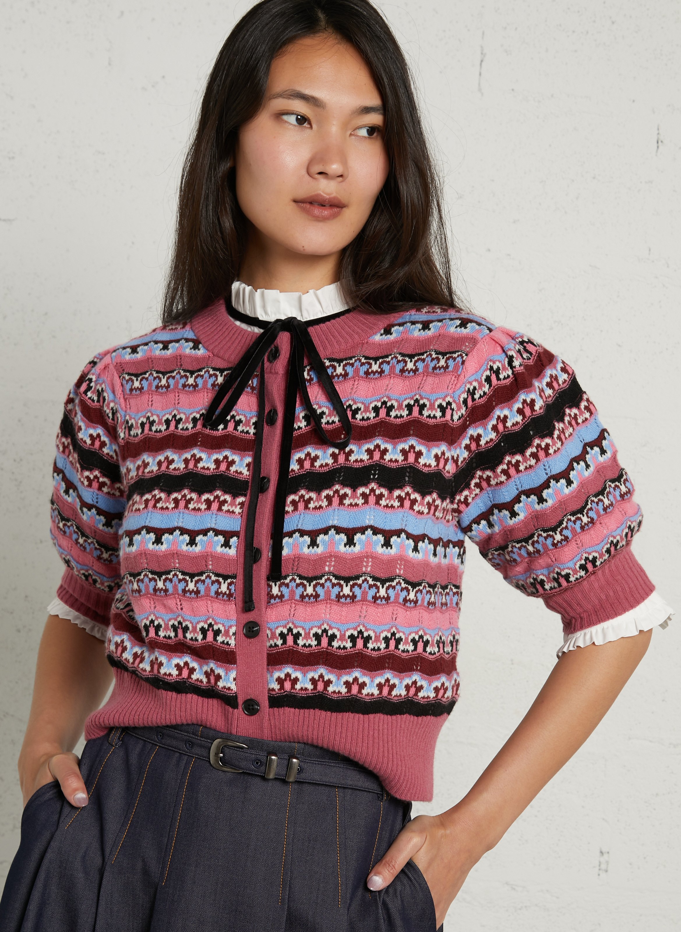 Round neck patterned vest SUNCOO Pink