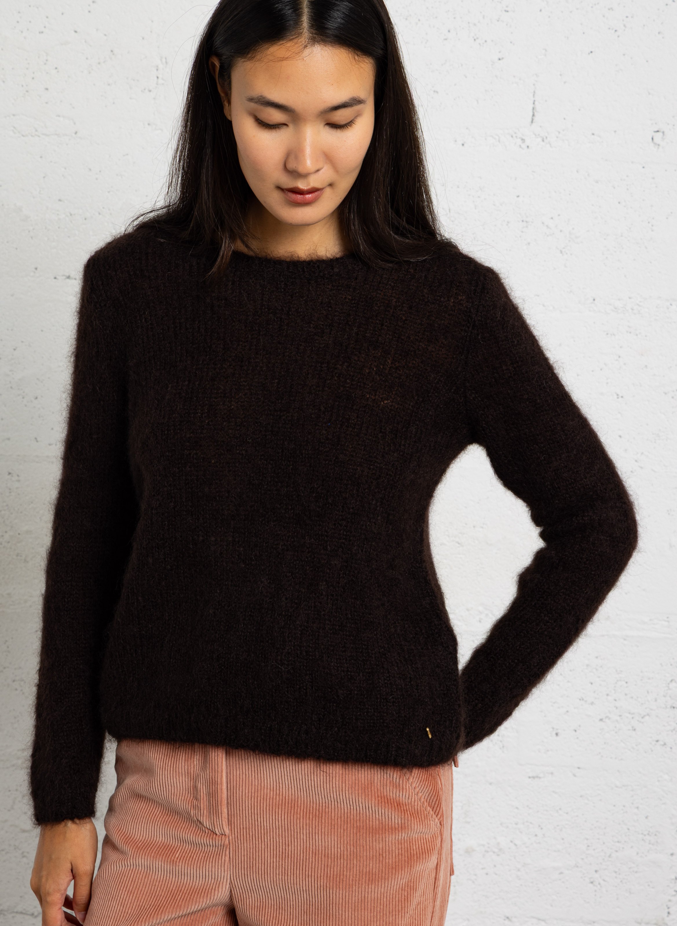 Pull ample col rond en mohair mélangé DES PETITS HAUTS Marron
