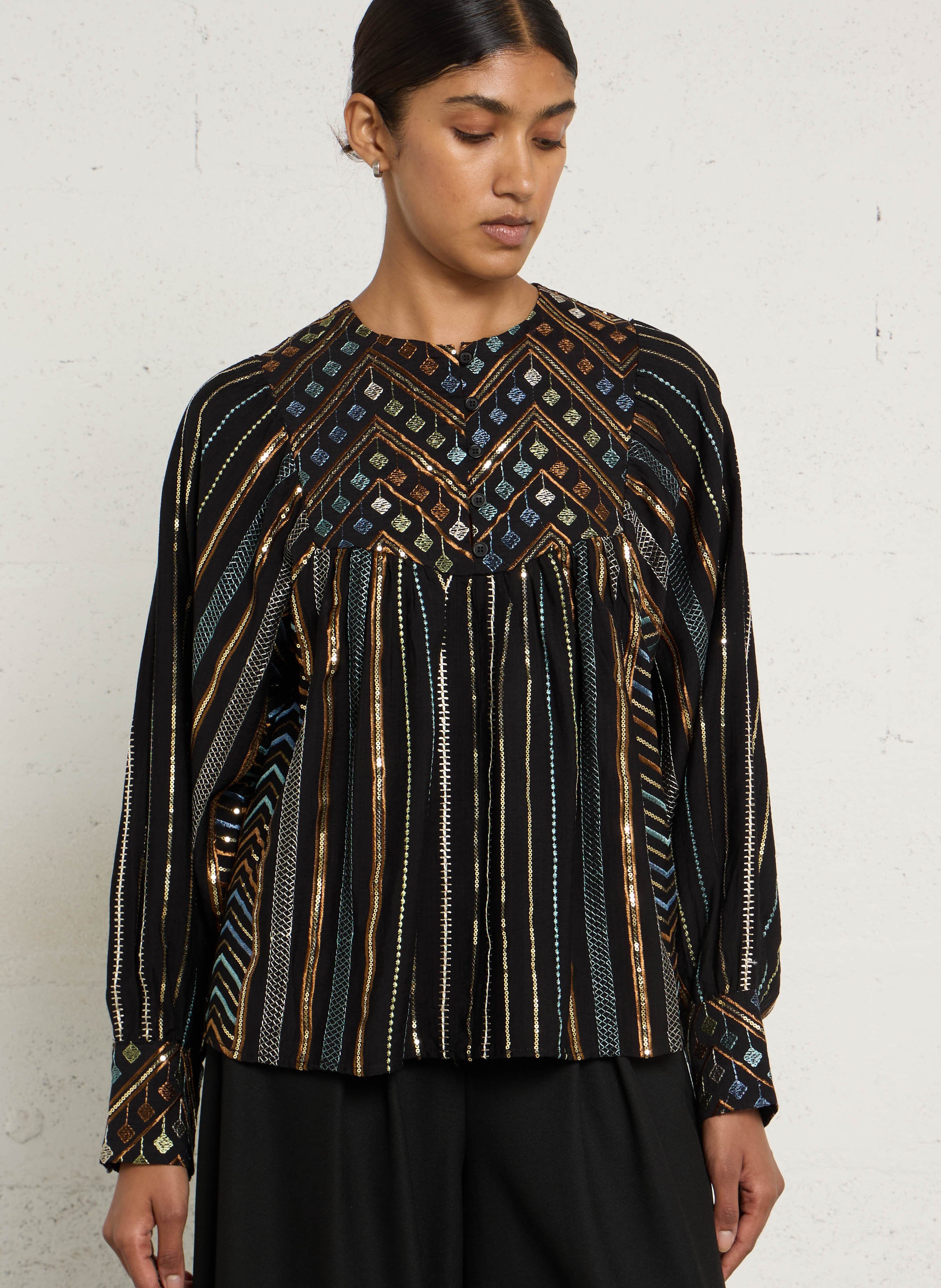 Blouse col rond brodée SEE U SOON Noir