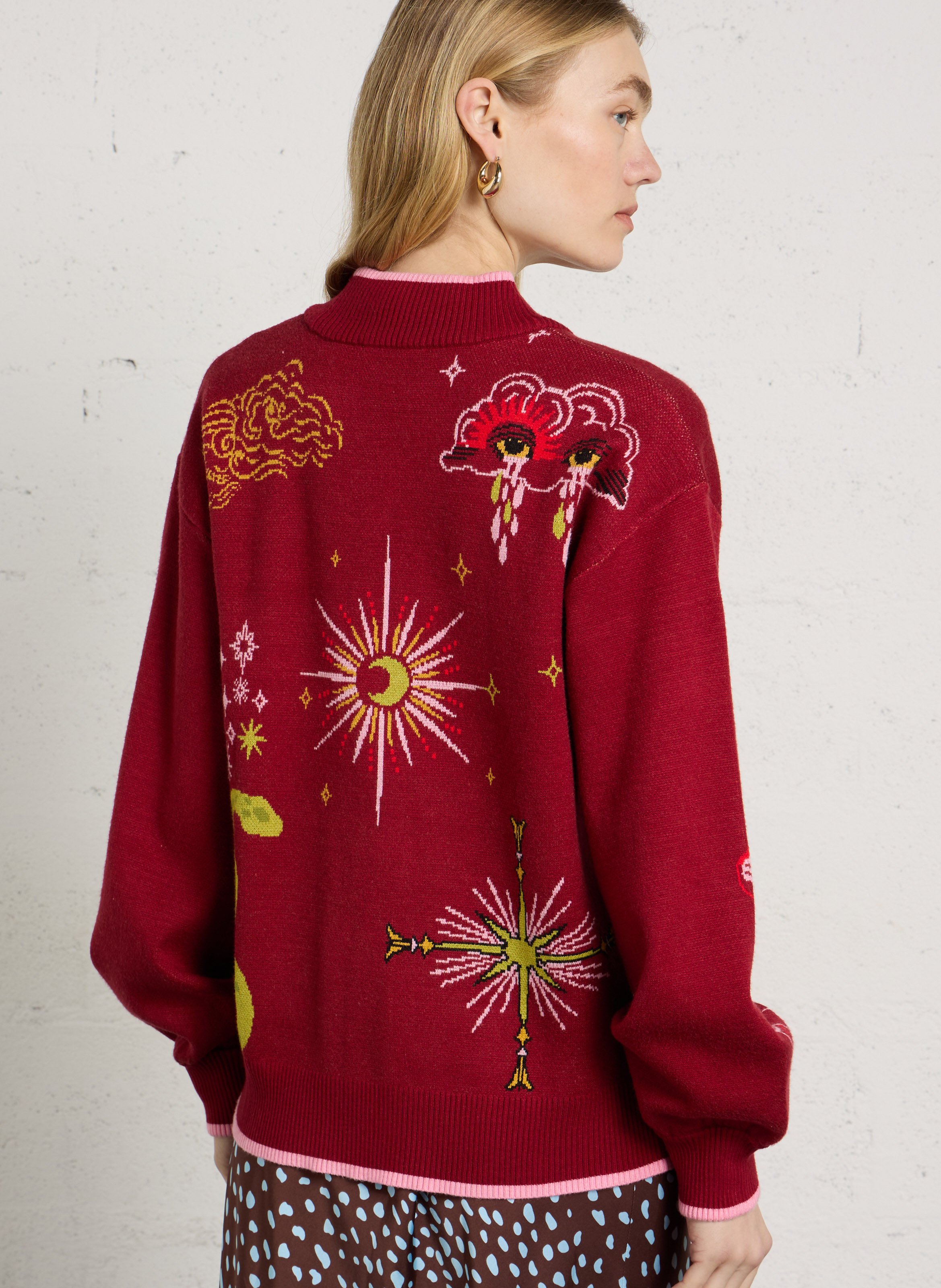 Straight-fit V-neck cardigan in a jacquard pattern NEVER FULLY DRESSED Red