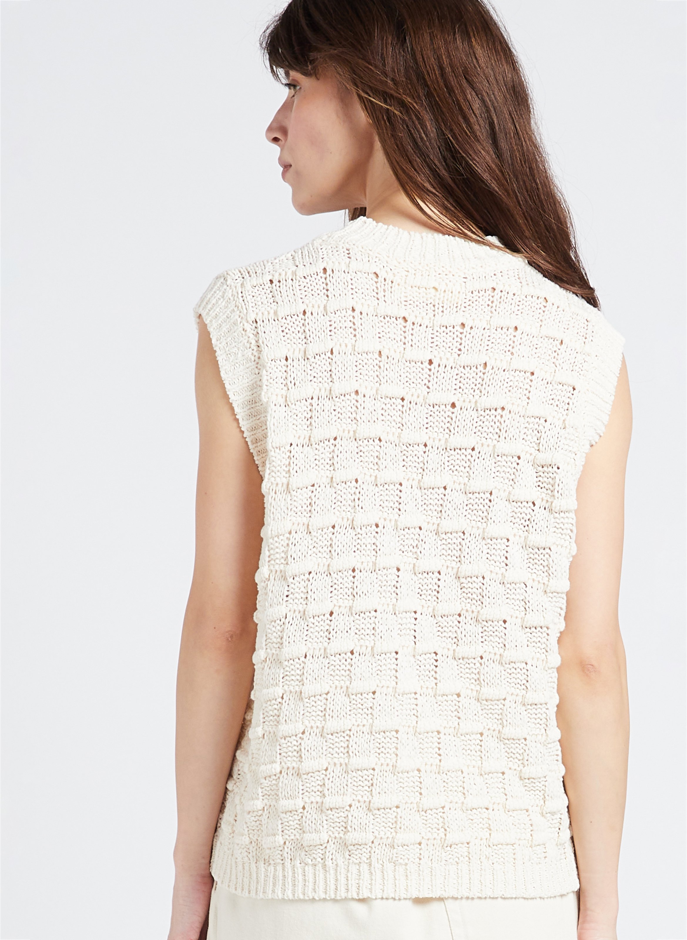 Gebreide trui met 3D-dambordmotief | katoenblend COLLECTORS CLUB Beige