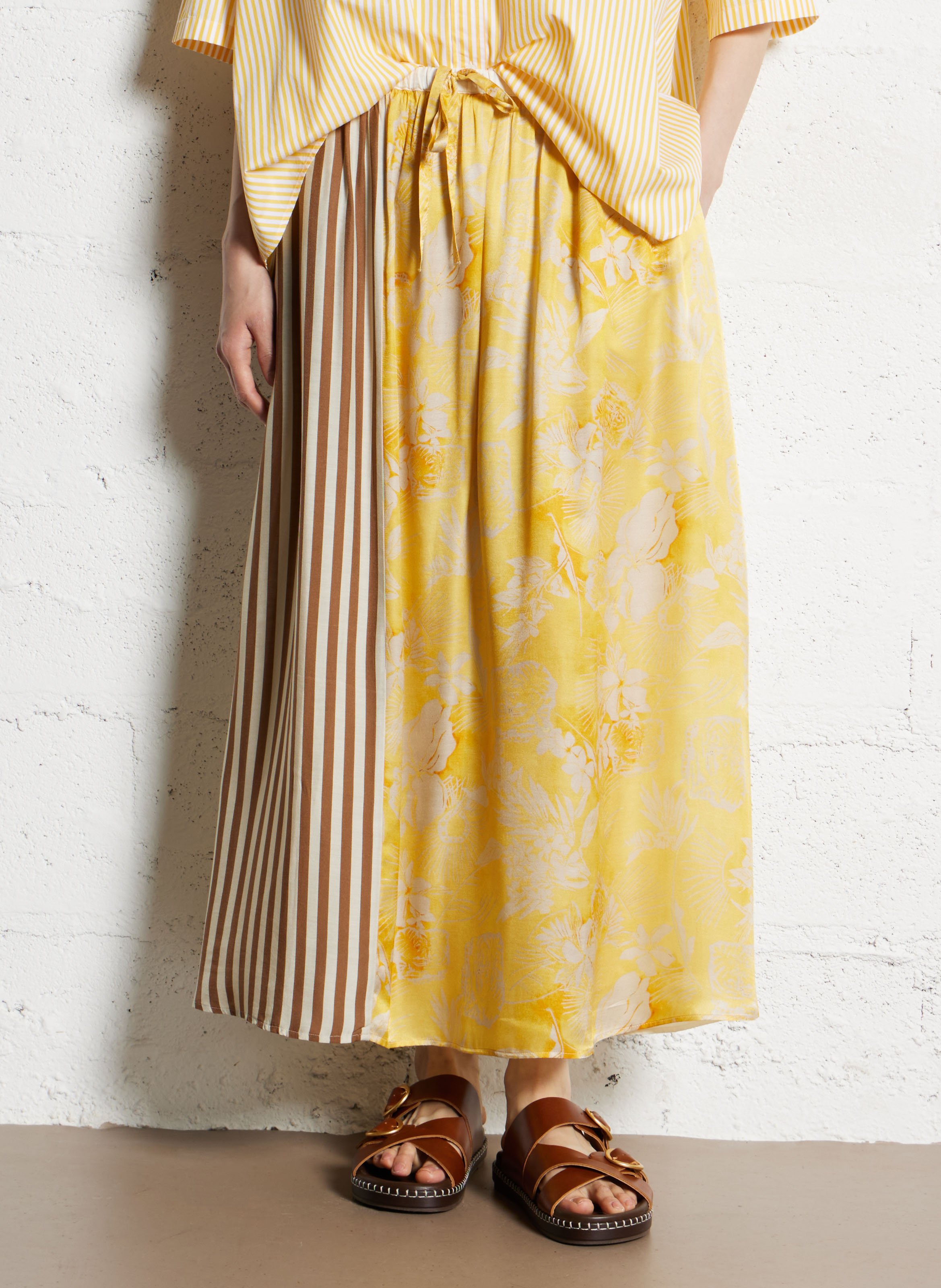 Jupe midi à imprimé floral et rayures DIEGA Beige