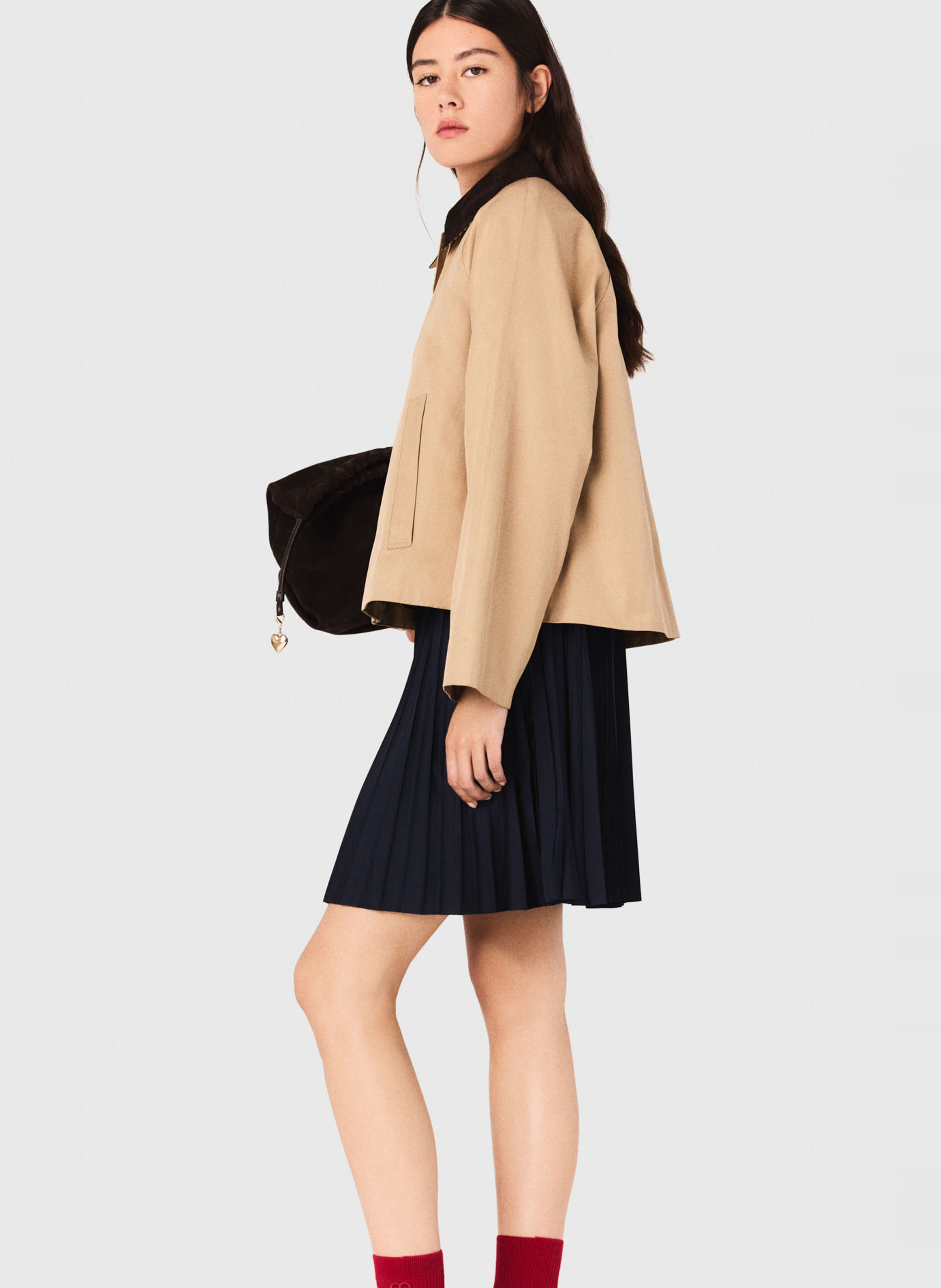 Veste trapèze unie à col velours côtelé MAJE Marron