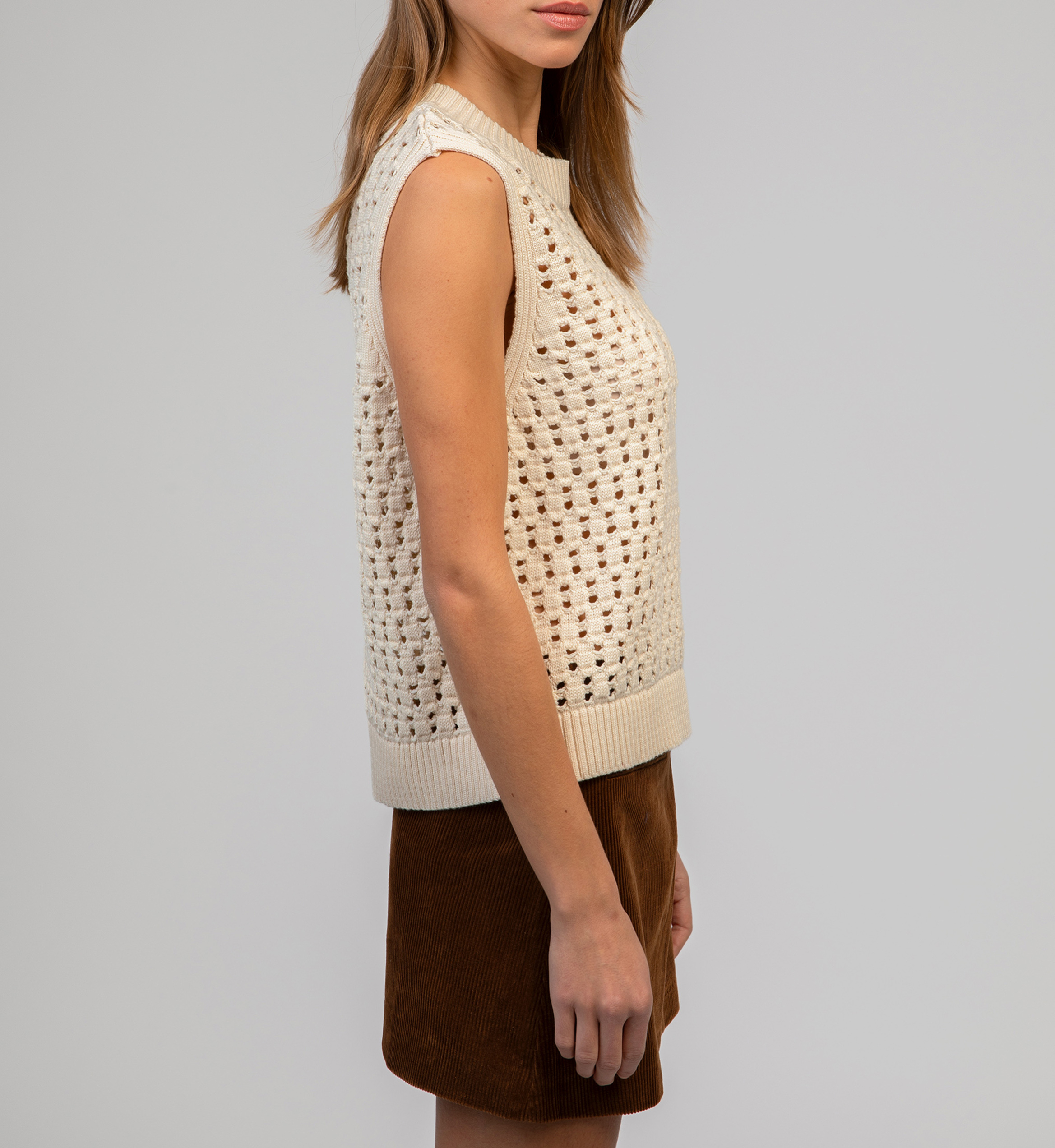 Round neck sleeveless openwork sweater AN'GE Beige