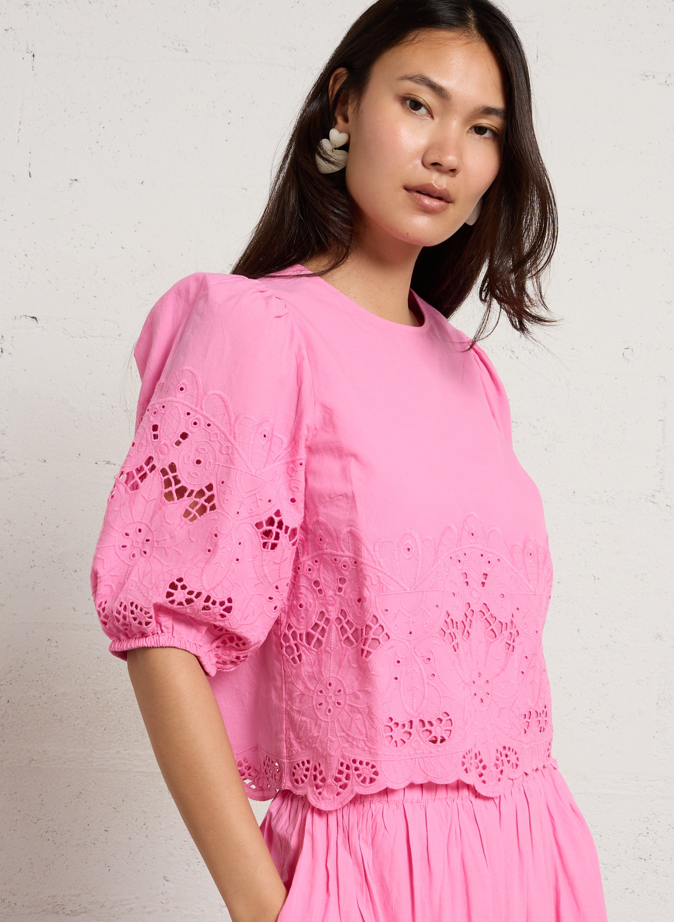 Top met geborduurde 3/4 mouwen in effen kleur MAISON 123 Roze