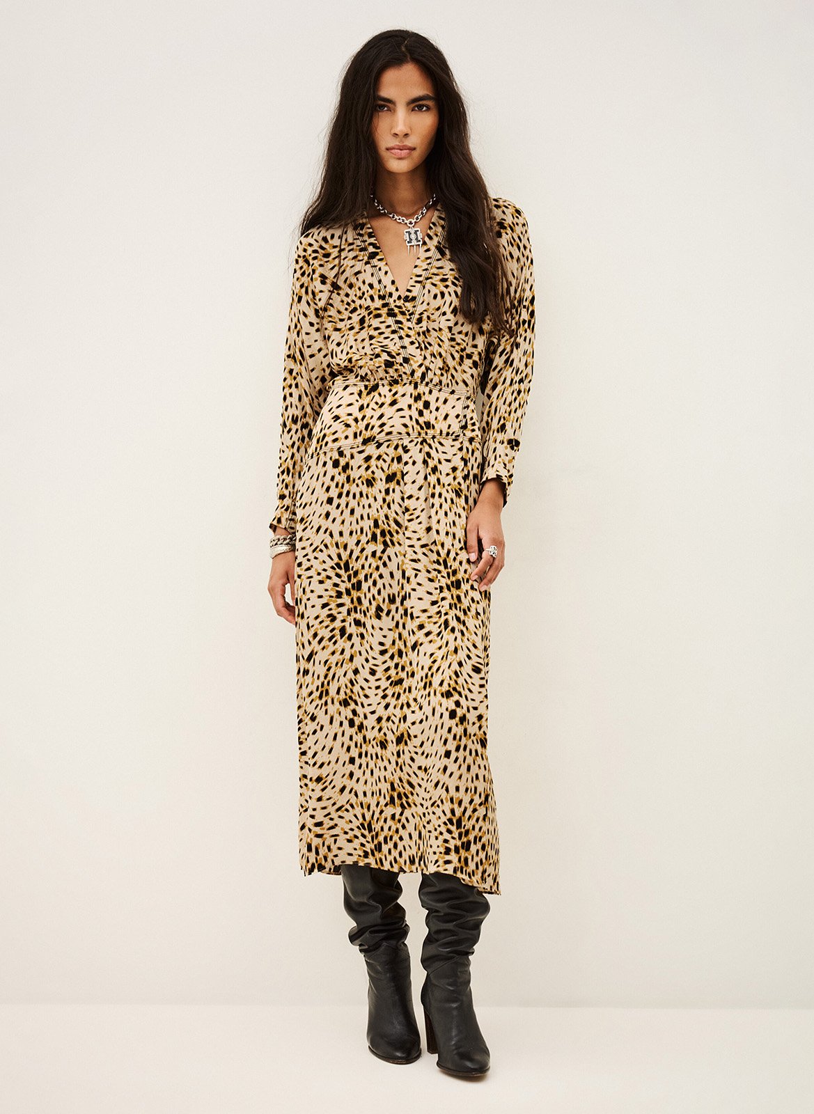 Robe midi col V imprimée BA&SH Beige