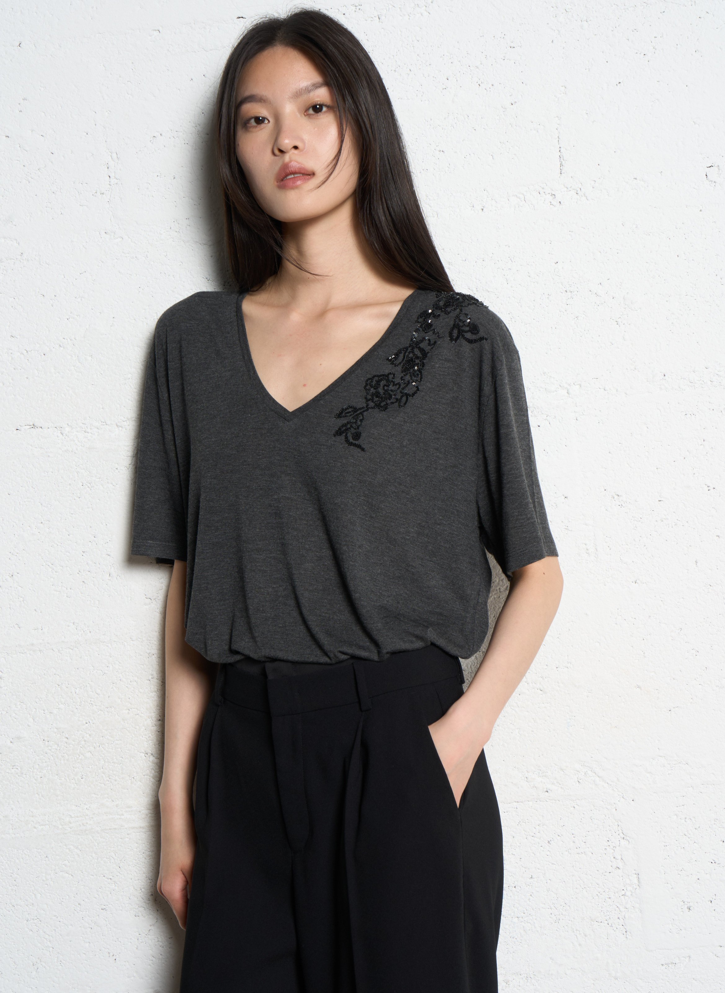 Top aus Crêpe mit V-Ausschnitt IKKS Grau