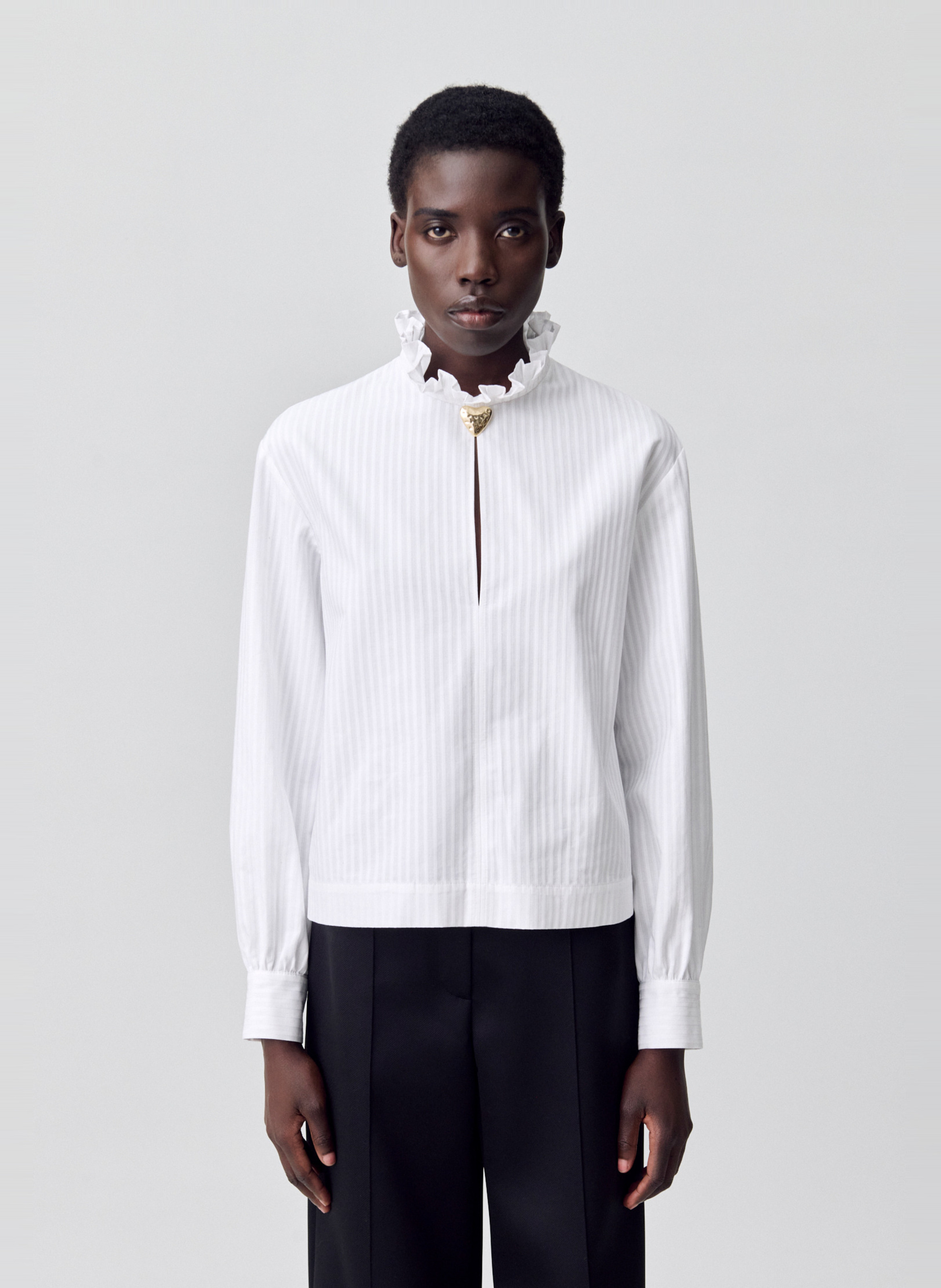 Blouse droite col victorien rayée en coton CLAUDIE PIERLOT Blanc