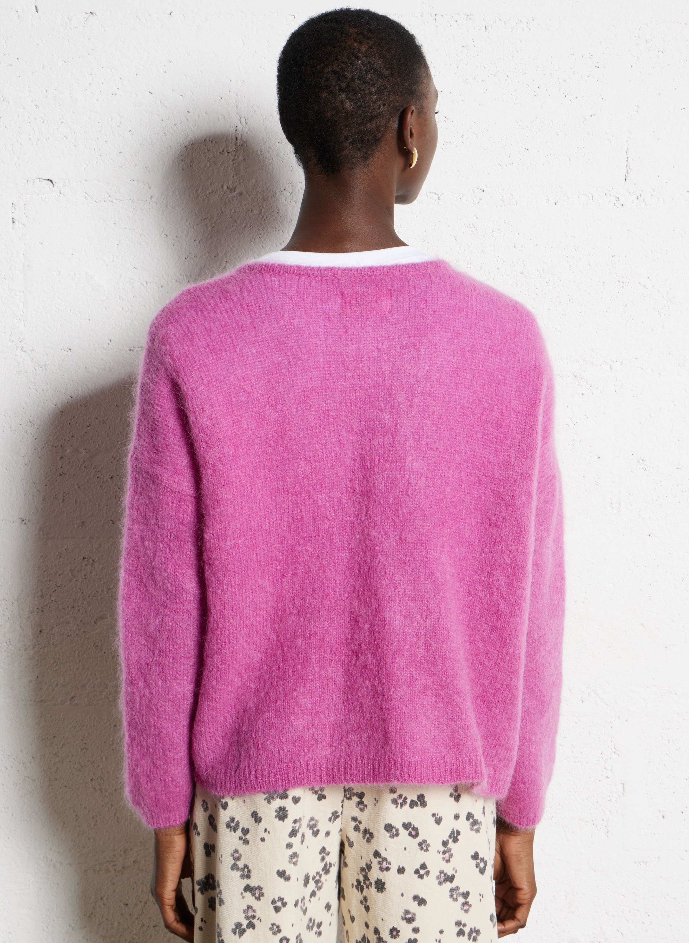 Round-neck mixed-knit cardigan DES PETITS HAUTS Pink