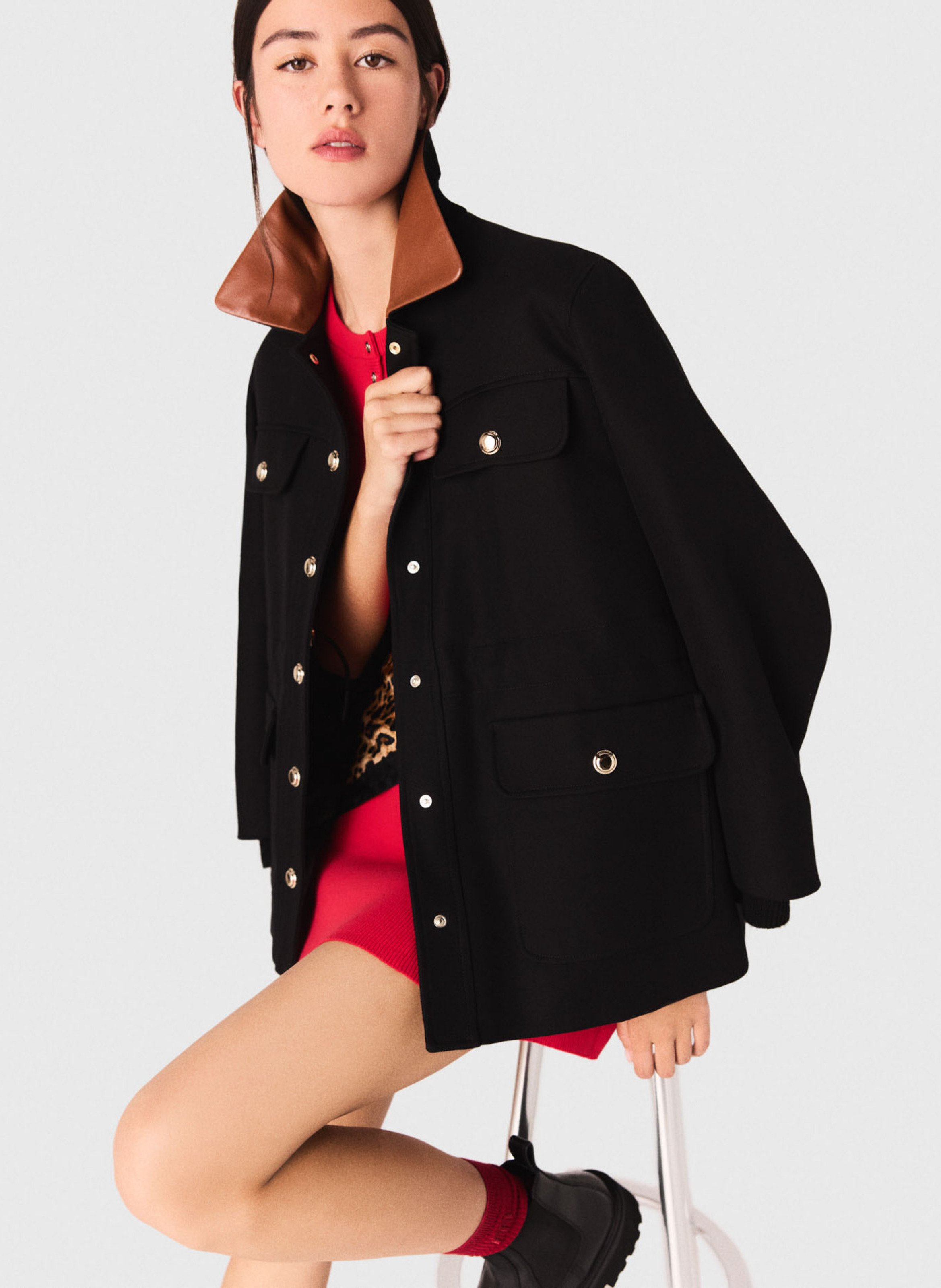 Parka col classique en cuir MAJE Noir