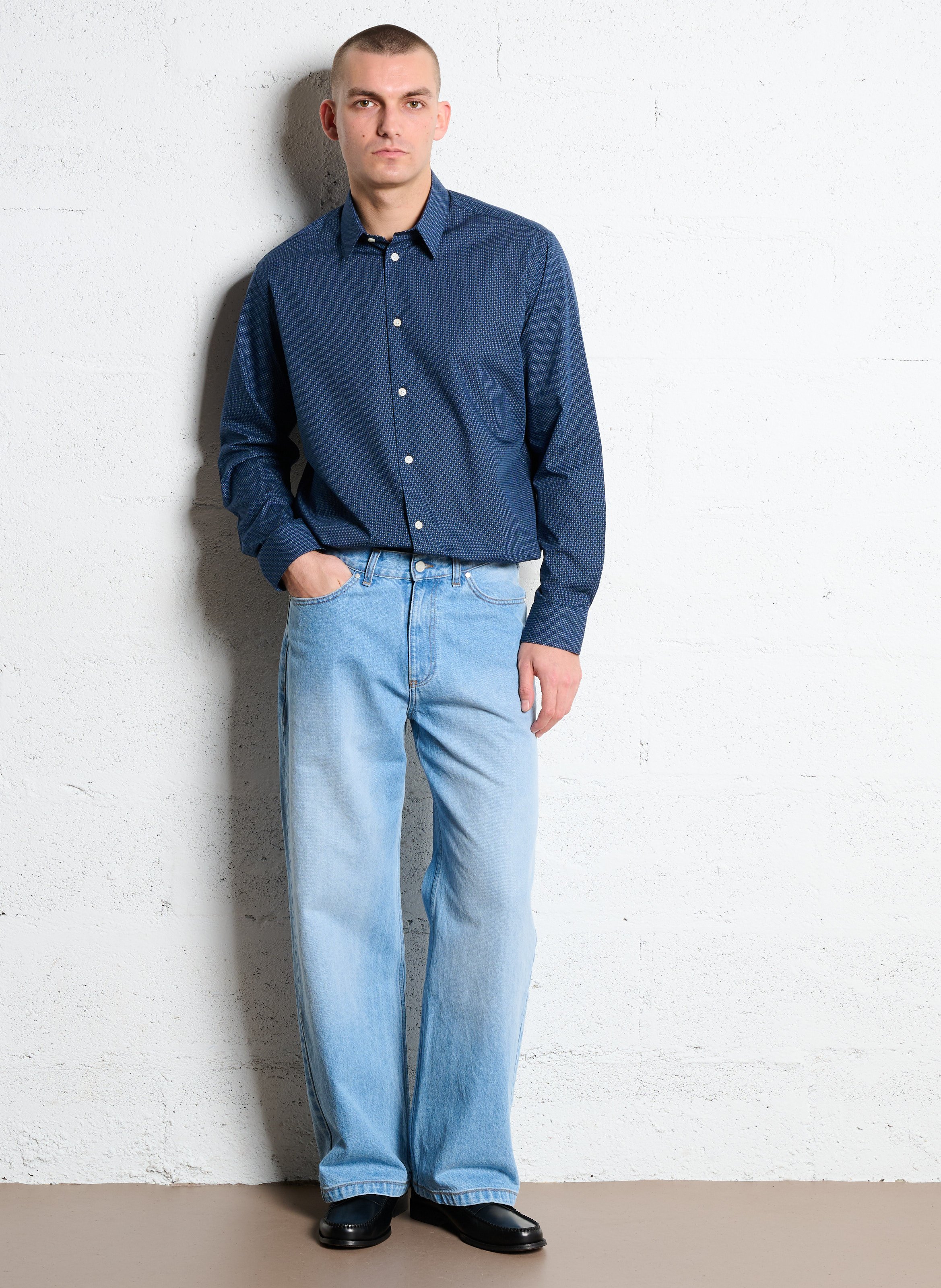 Chemise droite col classique en coton imprimé AU PRINTEMPS PARIS Bleu