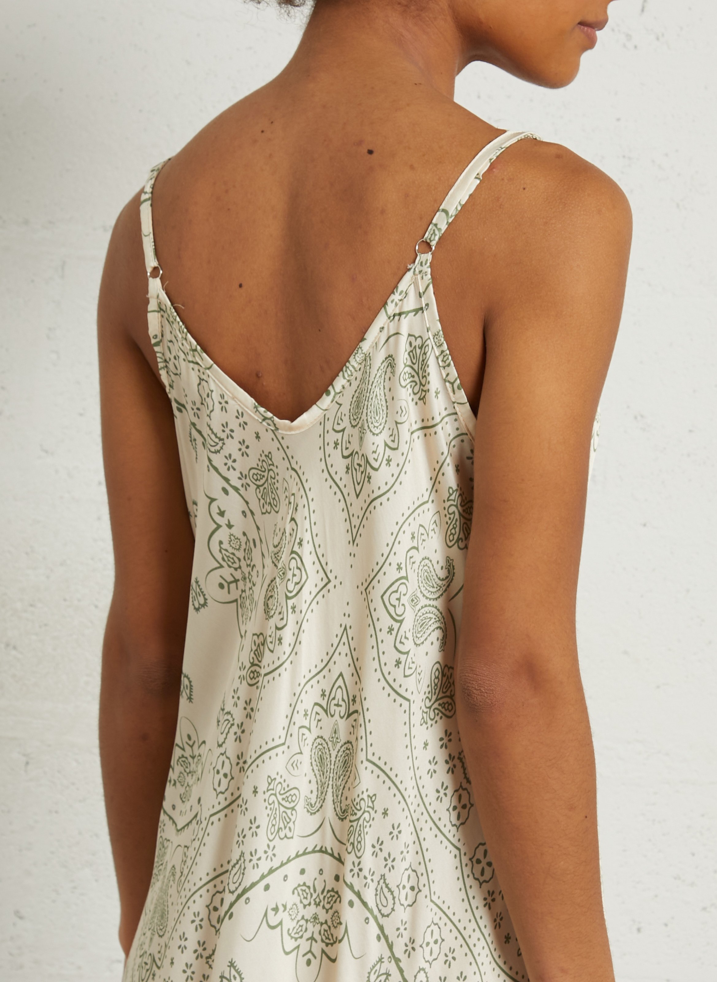 Long V-neck satin printed cashmere long dress AOKYANOS Beige