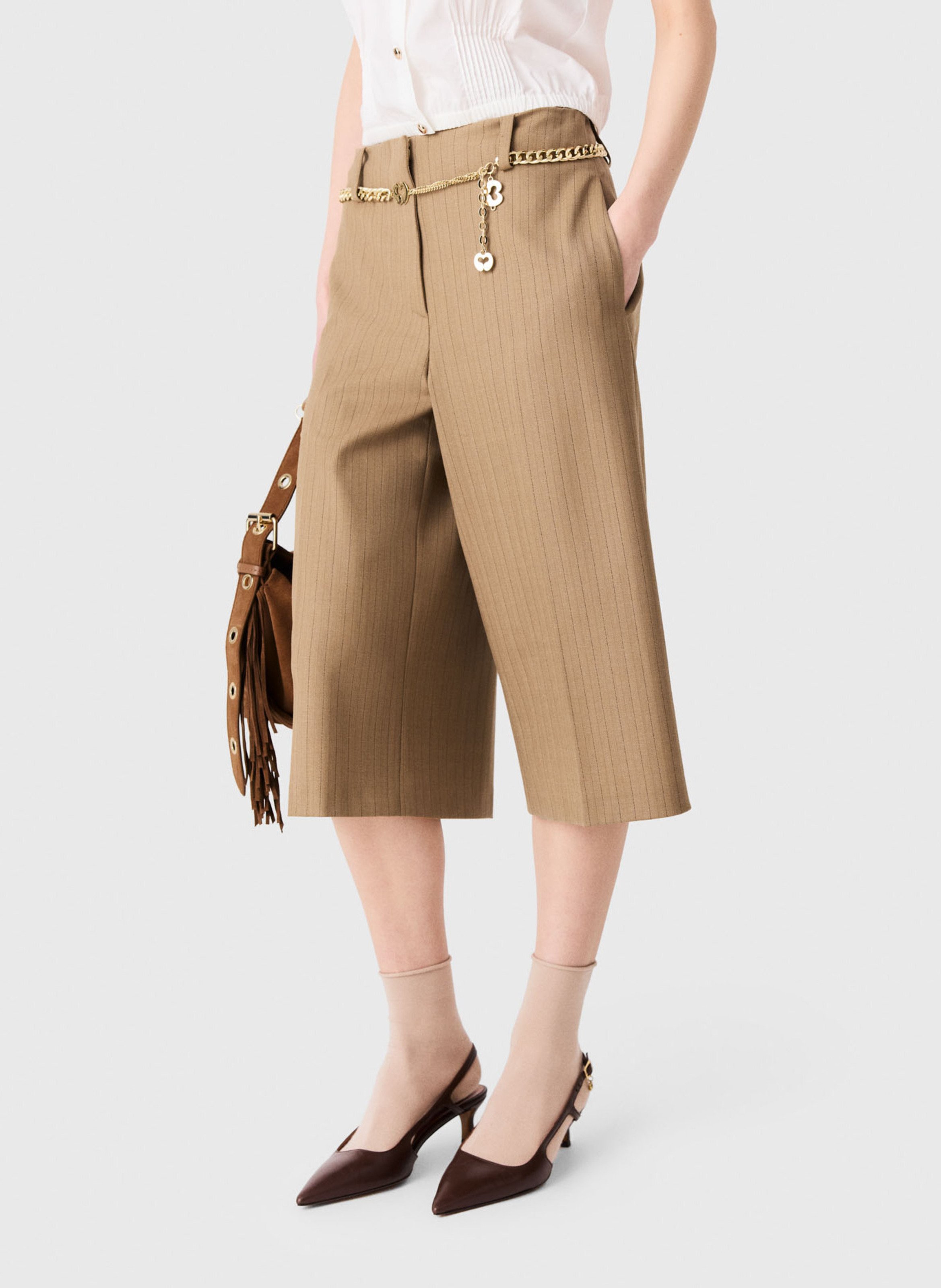 Striped wool blend tailored Bermuda shorts MAJE Beige